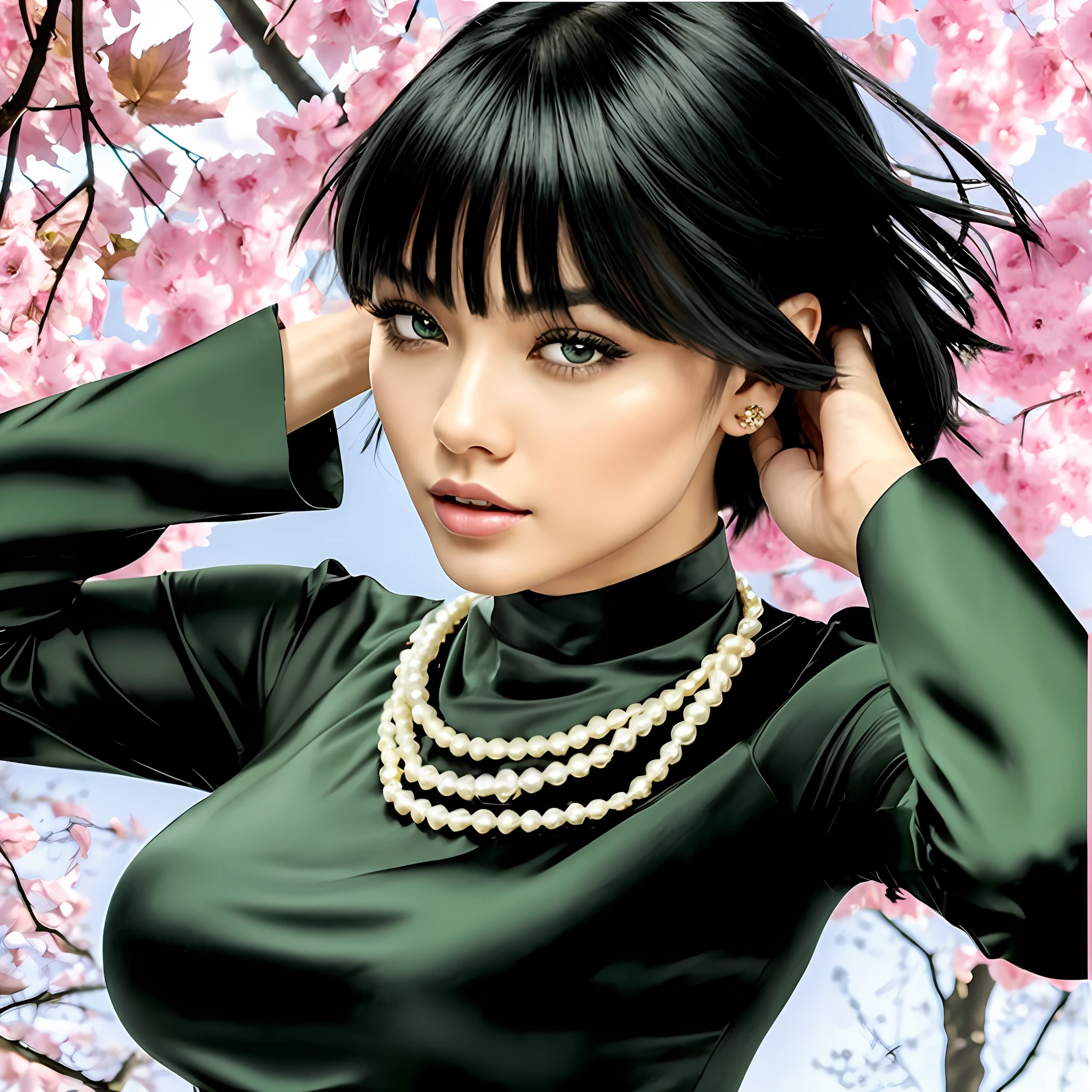 4k, 8k, woman in front of a party, green iris, Masterpiece, gala party, some hair droping around the face, wearing a golden choker collar with pearls over the dress (choker with three layers), light reflexes on her hair, gala party, beautiful, gorgeous white woman, woman in her twenty three years old, stunning asian green eyes, hottest woman i've ever seen, wearing a dark green dress with a neck protection, pretty lips, she has a black asian bob haircut, her dress cover all his body, medium short black hair (her hair seems like thick strips or ribbons), medium breasts, wearing a golden collar with pearls over the dress (choker), she is running her hands through the back of her hair, 4K, 8K, ultra resolution, higly detailed face, a gala party in the background, daylight, hair moving, beauty nose