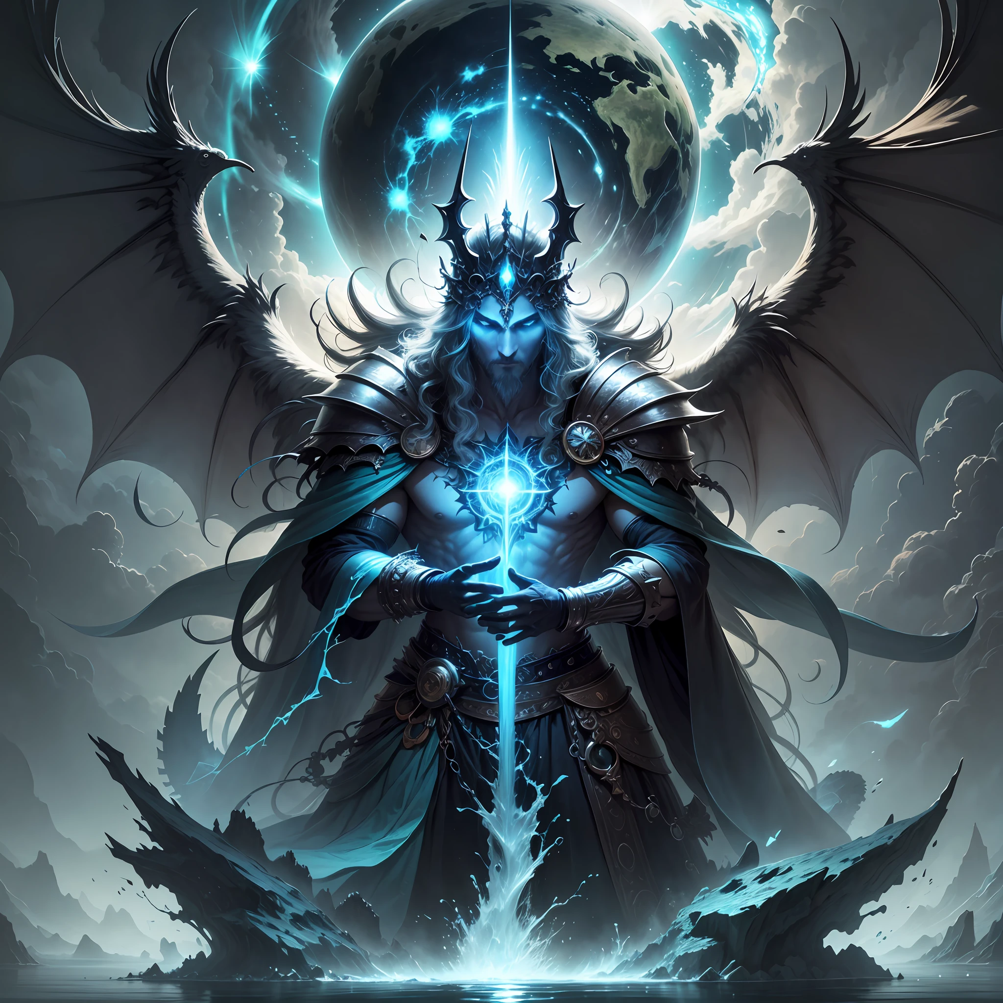 Creation of the dark fantasy world by the gods, principle, light, waters, heavens, earth, elements of nature