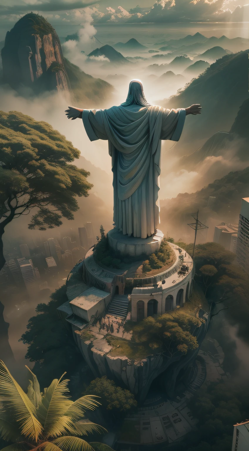 Christ the Redeemer with open arms in Rio de Janeiro, Post apocalyptic scenario with nature dominating everything , com atmosfera de filme , ultra realista