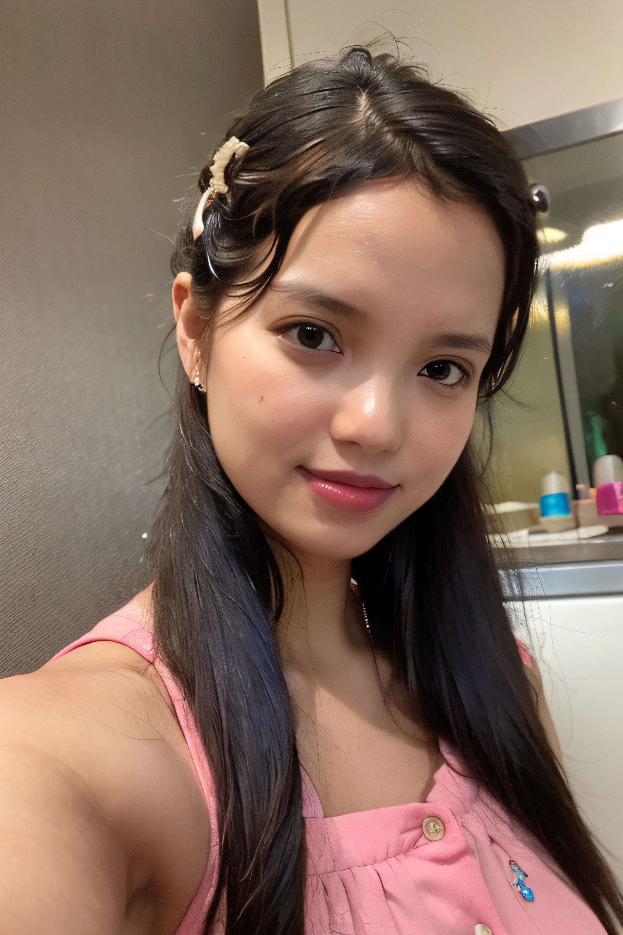masterpiece, best quality, 1girl,long_hair,light smile, blunt bangs,looking at viewer,selfies,cowboy shot,(shot_hair:2),
(realistic:1.5), cinemagraph, sharp facial skin