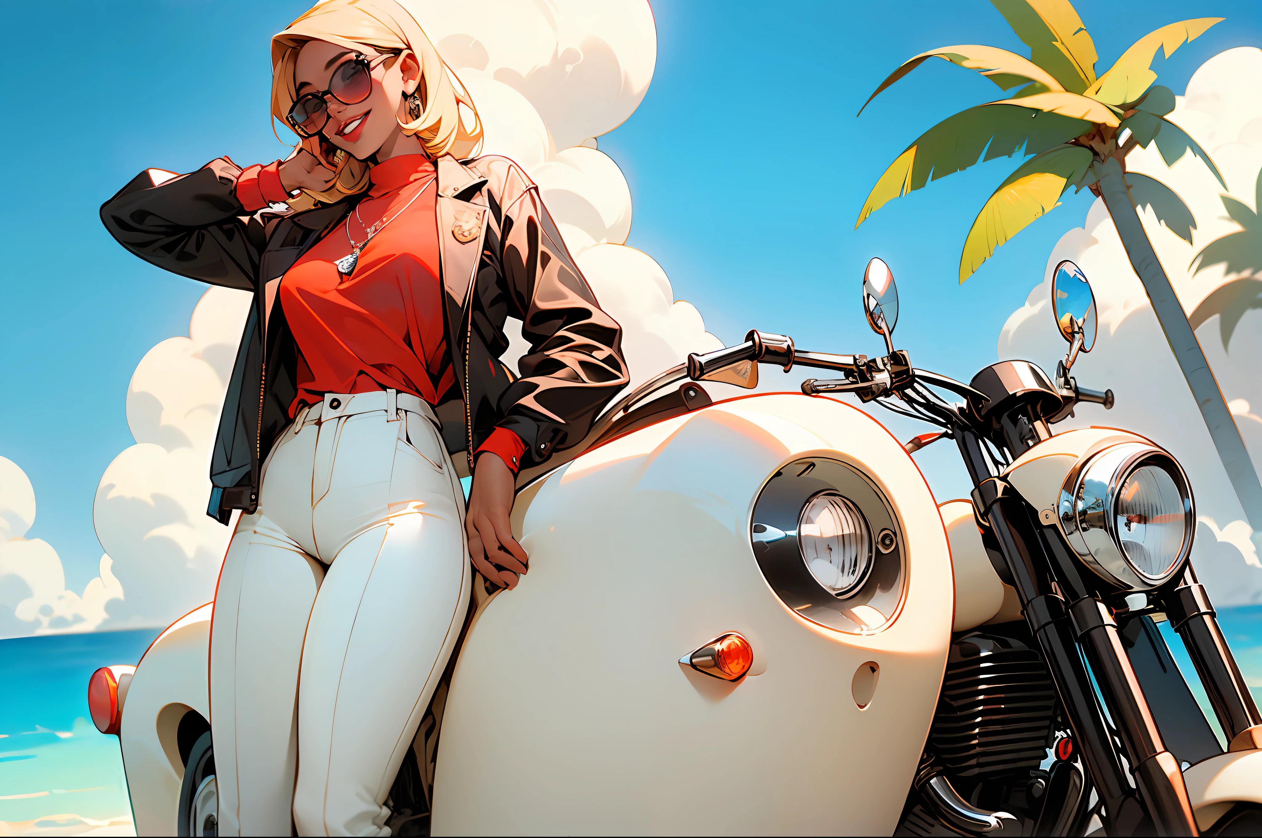 master part,(master part, Qualidade Superior, best quality),1girl, jewelries, cabelos longos, blonde hair, sozinho, camisa, Brincos, Pants, sorrir, motor vehicle, Gargantilha, sun glasses, Olhando para o Viewer, pulseira, carro, planta, high-waisted pants, ground vehicle, sentado, ao ar livre, dia, seios, camisa vermelha, dark skinned female, tinted eyewear, mangas compridas, Building, pele escura, clivagem, separated-lips, brincos de argola, Round Eyewear, estampa floral, white pant, camisa enfiada, colar, sorriso, gargantilha preta, colar,
