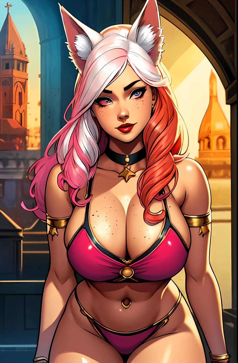 masterpiece, best quality, 1girl, red lips, solo, detailed eyes, eyeliner, curly hair, multicolored hair, white hair, auburn hair, two-tone hair, ombre , Anna Lebeau, bangs, side lighting, best illustration, ((1girl)) masterpiece, highest quality, (perfect face:1.1) , (high detail:1.1), dramatic, long hair, thick but fit, stars, thighs, navel, gold choker, bare shoulders, wide hips, thick thighs, lips, toned pelvis, toned hips, milky hips, navel piercings, body piercings , sandals, neck chains, castle, detailed background, art by artgerm and greg rutkowski, cinematic lighting, a closeup portrait of a playful woman, 25 yo, Ana de Armas, natural, amazing body, pronounced feminine feature, speaking, laughing, festival,  (pink hair with white tips), freckles, flirting with camera, (gold, freckles, big breasts), thigh gap, Fox ears, d & d art, full body, tavern