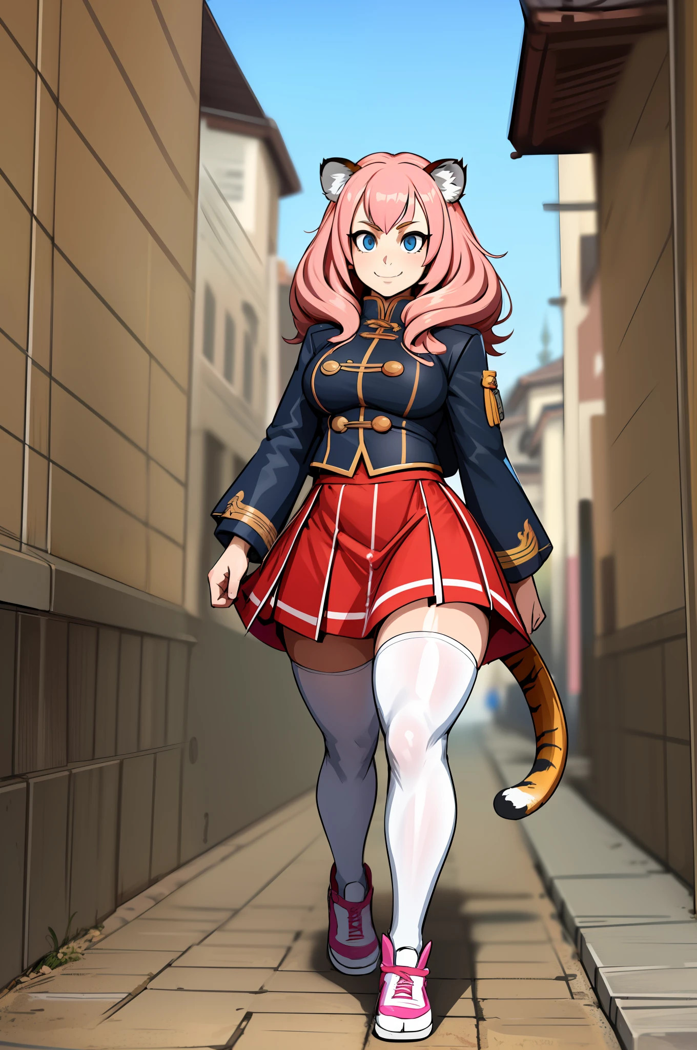 , tiger ears, tiger tails, martial art, medium chest, pink hair, skirt, jacket, godess,1girl,coat,walking, solo focus.1character, holy catholic mountain,alone, full body, long skirt, smug smile