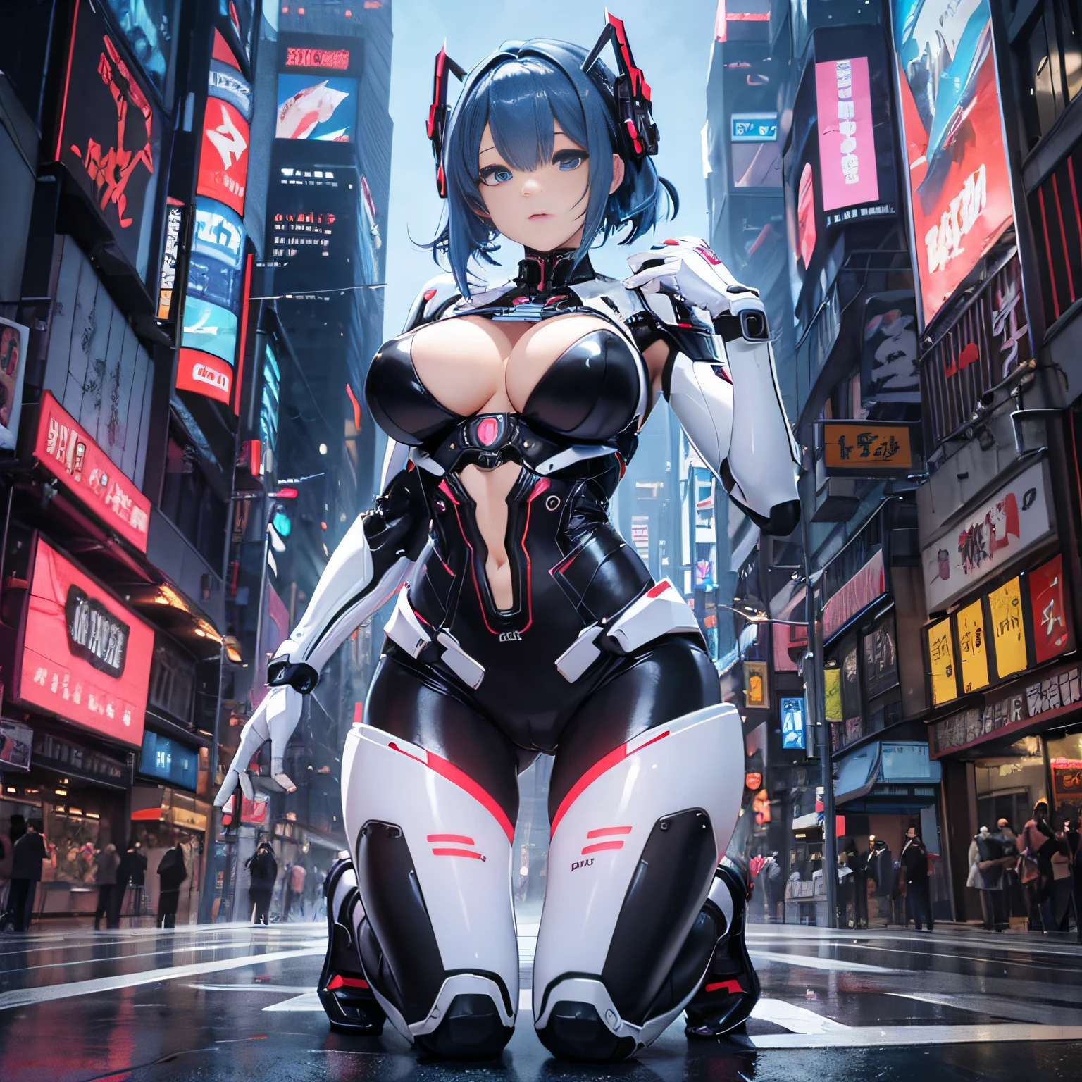 realisitic、tits out、Cyberpunk、cleavage of the breast、Beautifully shaped breasts、Raise your hand、Raw feet、Cyber City、natta、nightcity、((top-quality)), ((​masterpiece)), (high-detail:1.3), 3D, Beautiful fece、mechanical suit、Near Future Cyber Suit、Black White Cyber Suit、Black and white robot costume、Blue hair、Blue hair shortcut、all-fours、Get on your knees