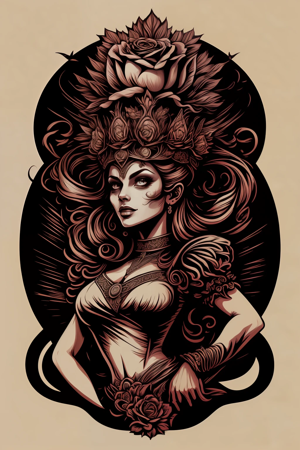 (High quality Chicano airbrush art),(masterpiece, best quality, ultra-detailed),ultra-detailed,8K resorution,(full-length portrait),(black background),(symmetrical),(Vertical symmetry),(beautiful woman)),((brightly colored)),t-shirt design,large Roses symmetrically placed on both sides,(religious symbolism),(inspired by Holy Mary, Queen of Skulls, Lactreina, and Queen of the Dead, Lavi Zupa),(detailed additions),(iconography),(Lavi Zupa:1.2),high contrast