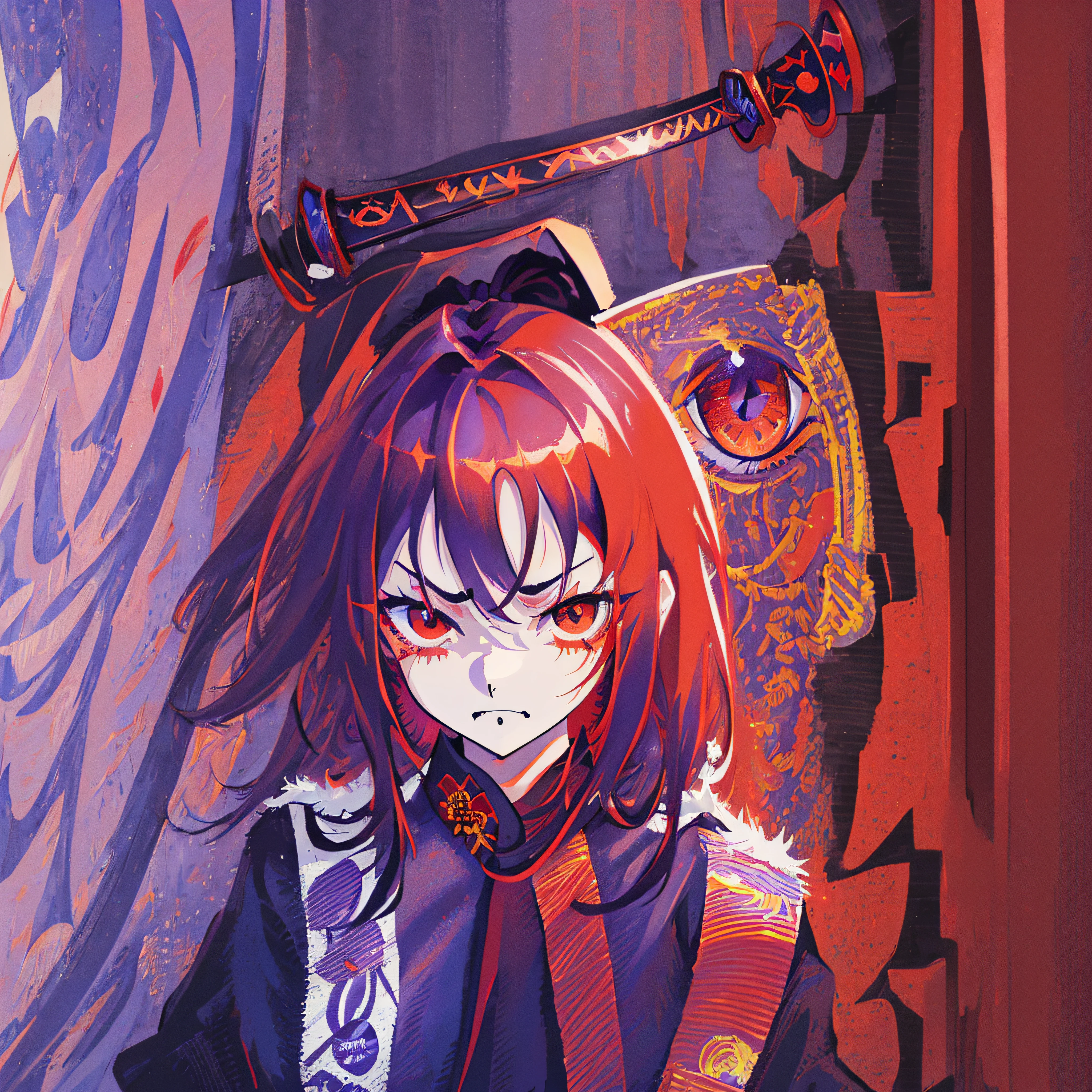 tmasterpiece, Top Quality, Ultra-detailed illustration, The details are great, a closeup of a, Direct photo, (1 girl:1.2), (Huge eye:1.2), Purple eye, portraite of a, (The image in the picture:1.2), (Evil Look:1.3), (Red Katana:1.4)