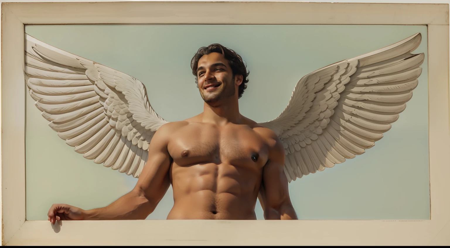 the figure of a man looking at the viewer, smiling, like an angel, with large, voluminous white wings, frontal view