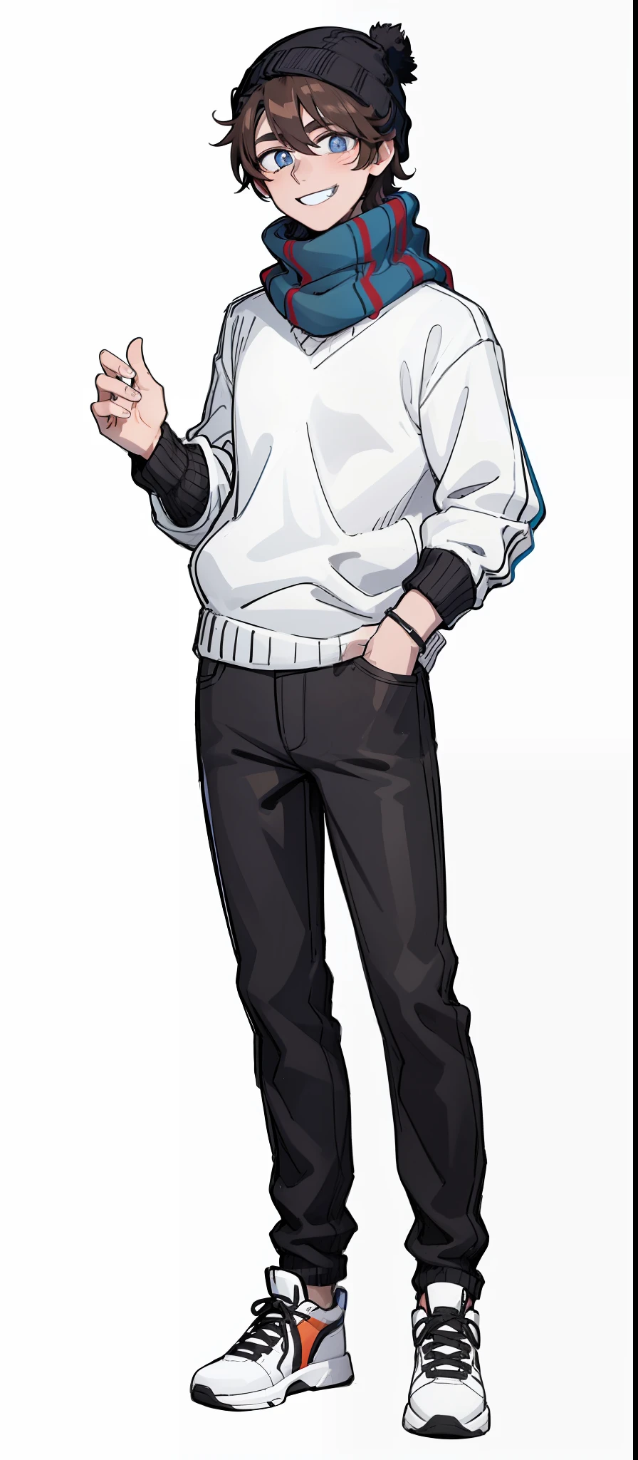 1boy, multicolored, brown hair, black pupils, cute, smile, white sweater, black Beanie, blue Scarf, black t-shirt, black jean, white shoe