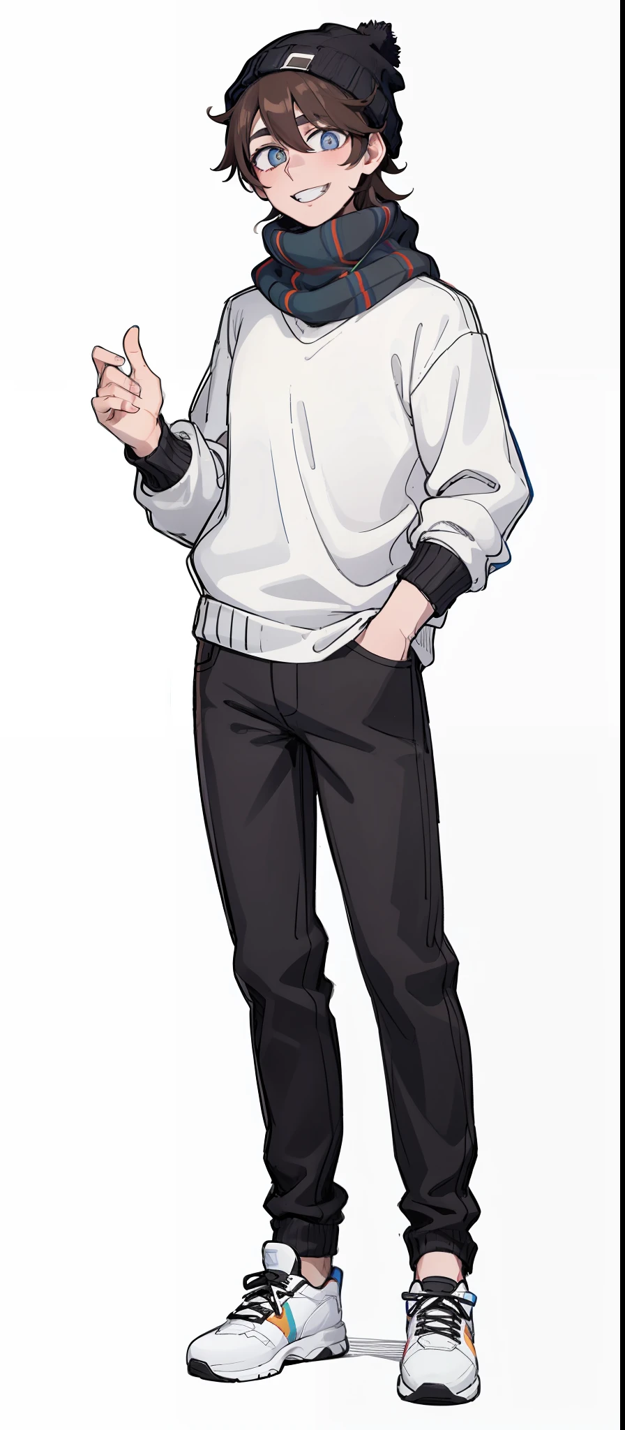 1boy, multicolored, brown hair, black pupils, cute, smile, white sweater, black Beanie, blue Scarf, black t-shirt, black jean, white shoe