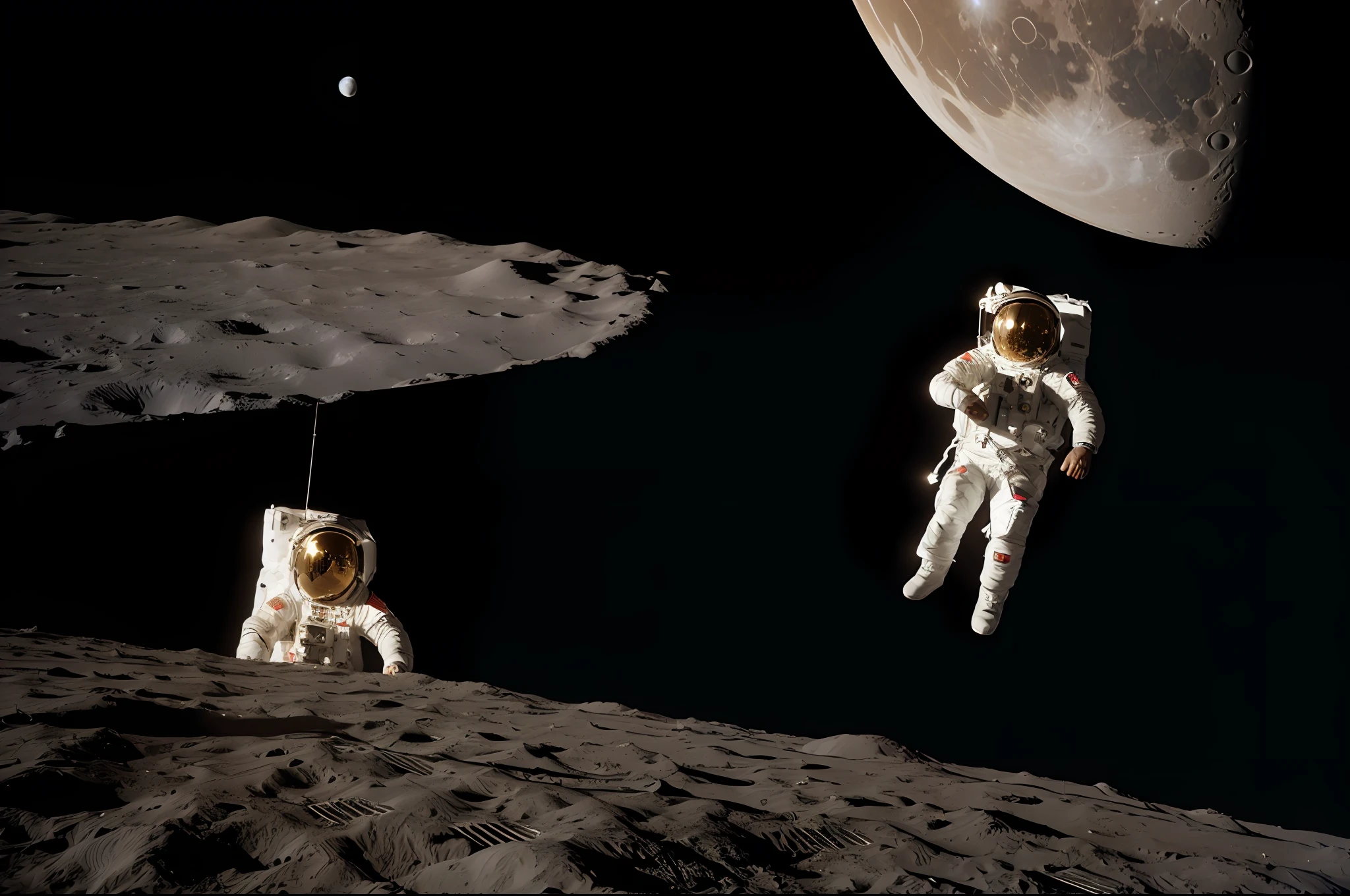 Masterpiece, realistic photo, intricate, a young woman, bright light brown eyes, blonde hair, astronaut floating on the moon, 8K