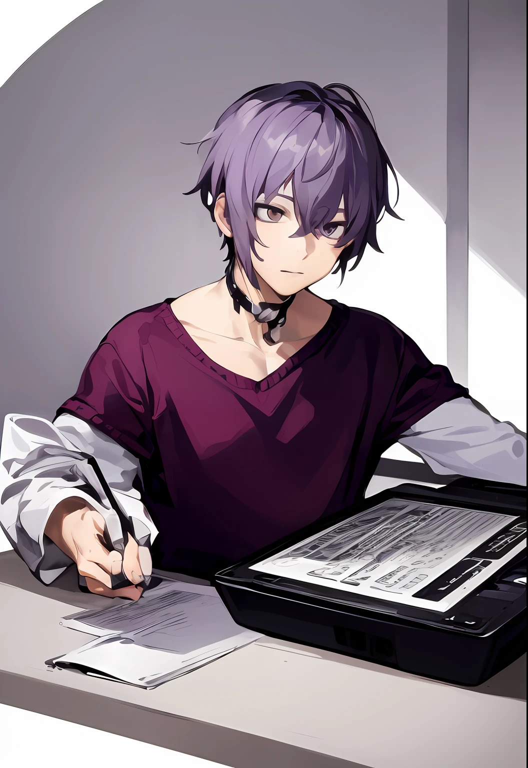 masterpiece, best quality, detailed glowing gray eyes, man with Grayish purple hair, bangs, no beard, high detail, anime style, shirt, white stoat on his shoulder, hands behind his neck, computer under his arm.