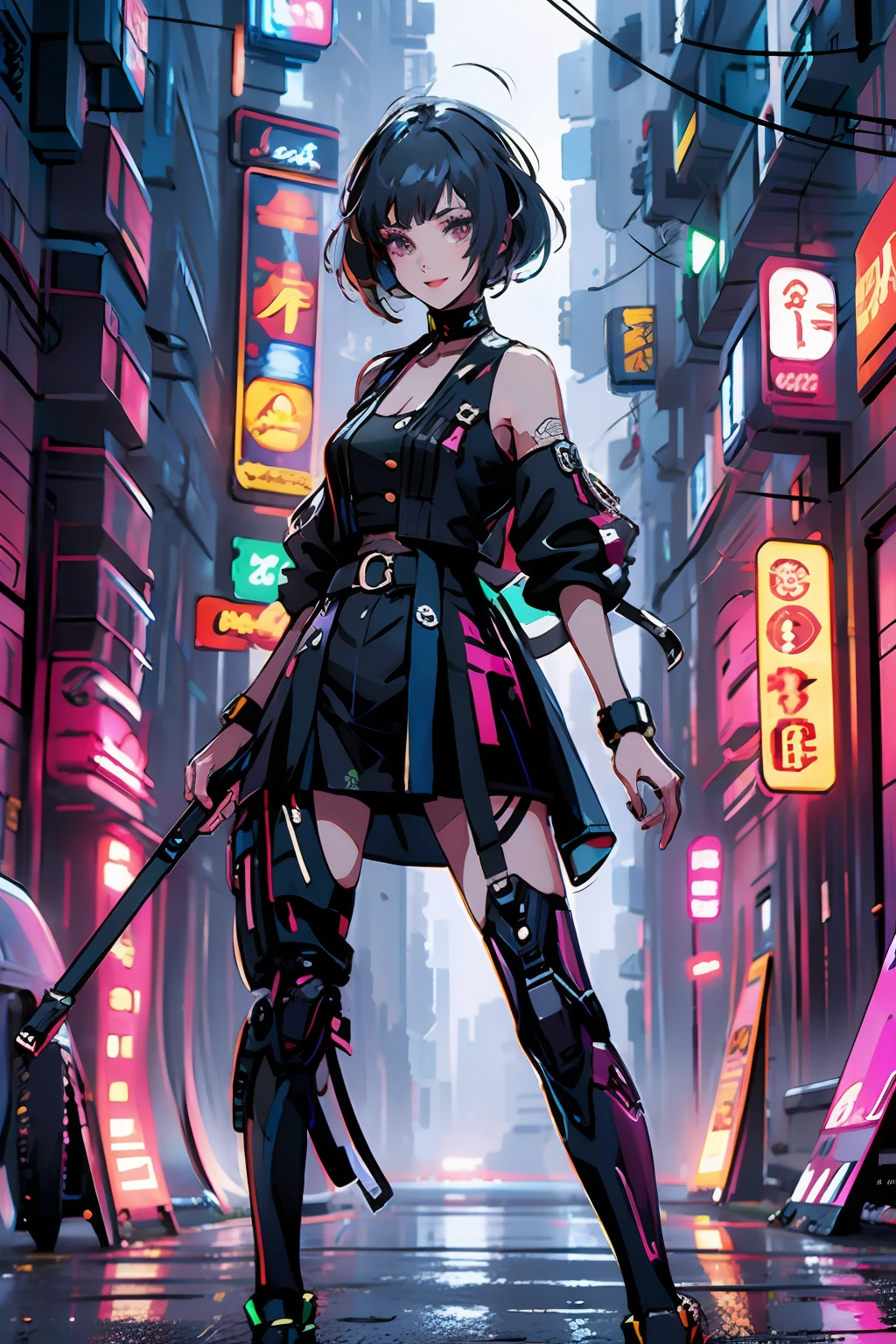"(Uma garota no estilo cyberpunk, com roupas e cabelos no estilo cyberpunk e prendedores de cabelo, sorrindo), (dynamic and expressive pose), using choker and various buttons)"