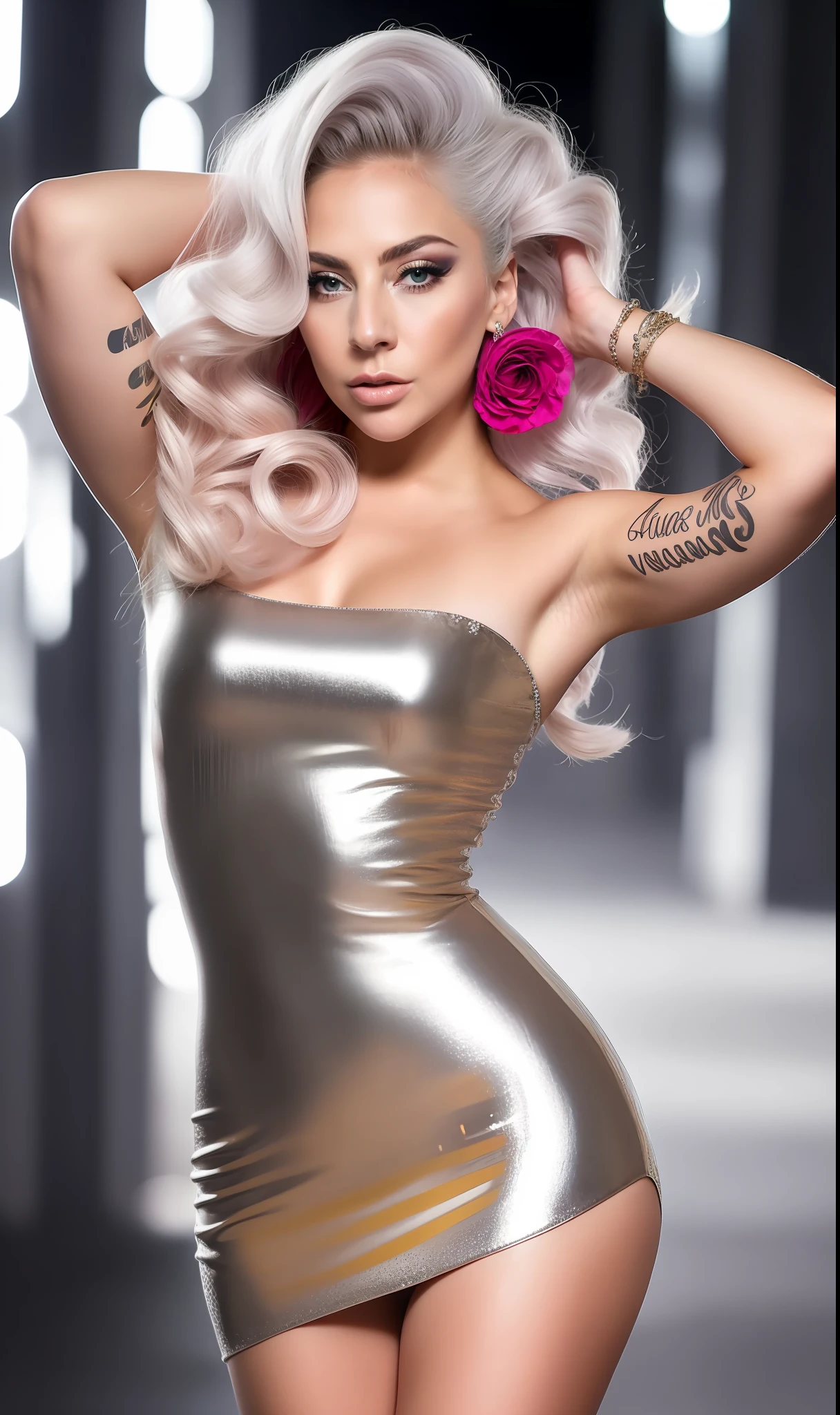 Lady GaGa vestido dorado brillantes y diamantes,extravagante,textura 4K, cabello largo y de colores, calidad alta, cuerpo completo,varias poses corporales,peinado extravagante, Original album cover, imagen 8k, futurista, alta calidad de imagen, en la noche, accesorios en el cabello, imagen 8k, rostro realista en alta calidad, cuerpo completo, diferentes poses corporales, alta calidad en el rostro, rasgos definidos,HD, rostro realista y definido 4k