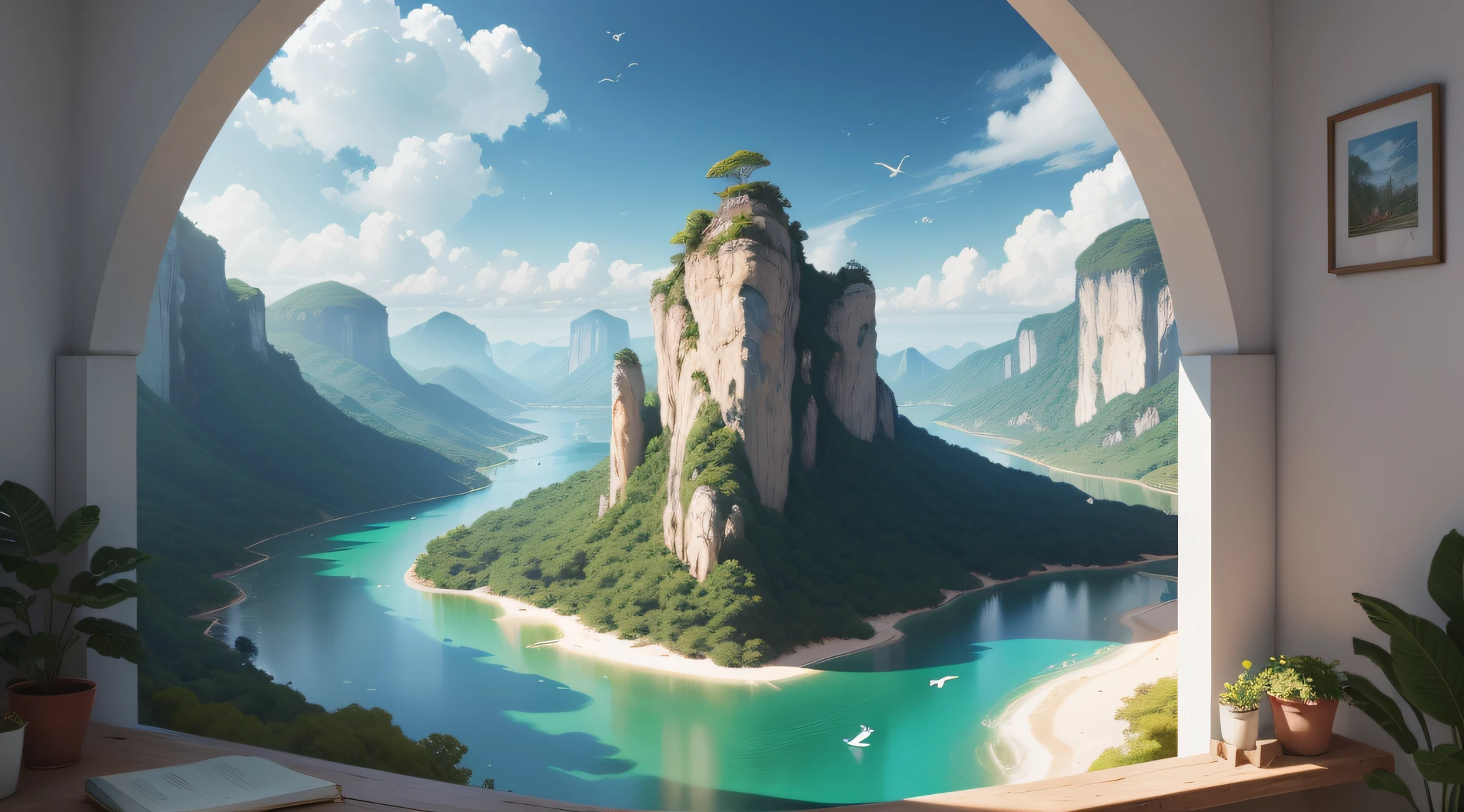 [(fundo branco: 1.5):5], isometric hexagon OR, obra-prima, melhor qualidade, ultra-detalhado, illustration, scenecy, ultra alta res, (fundo branco: 1.5), sem humanos, dentro de uma (casa: 1.1) muito linda e grande e nela um quadro grande. In this picture there is a beautiful landscape, tree, ao ar livre, heaven, grama, dia, nuvem, water, blue skies, construction, (flor: 1.2), natureza, (bird: 1.3), janela, rio, arbusto, murro grande de pedras