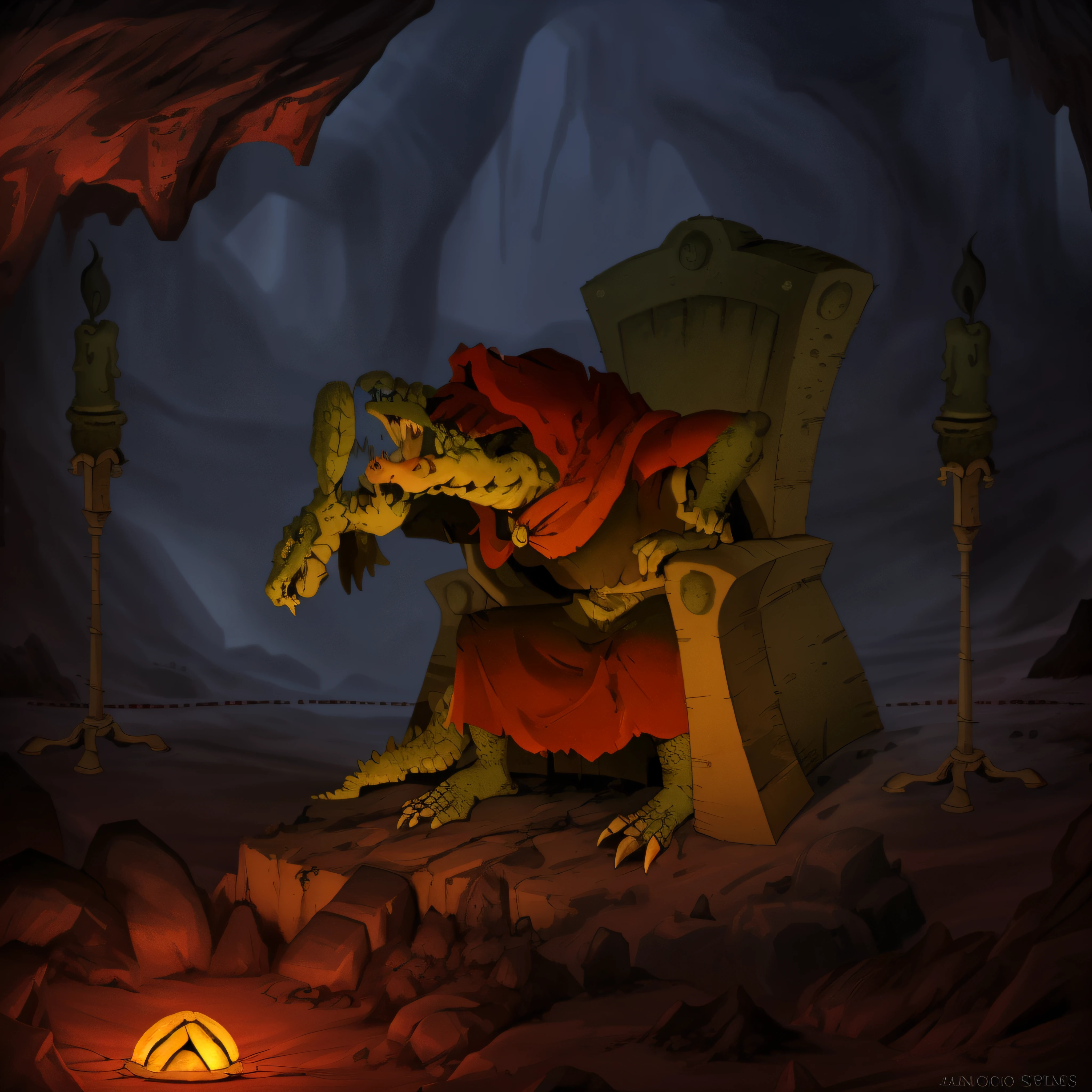 desenho de crocodilo sentado (manto vermelho), with crow on his arm, duas velas acesas, trono de pedra, fundo caverna, penumbra, maximum resolution, Ultra HD, 4K