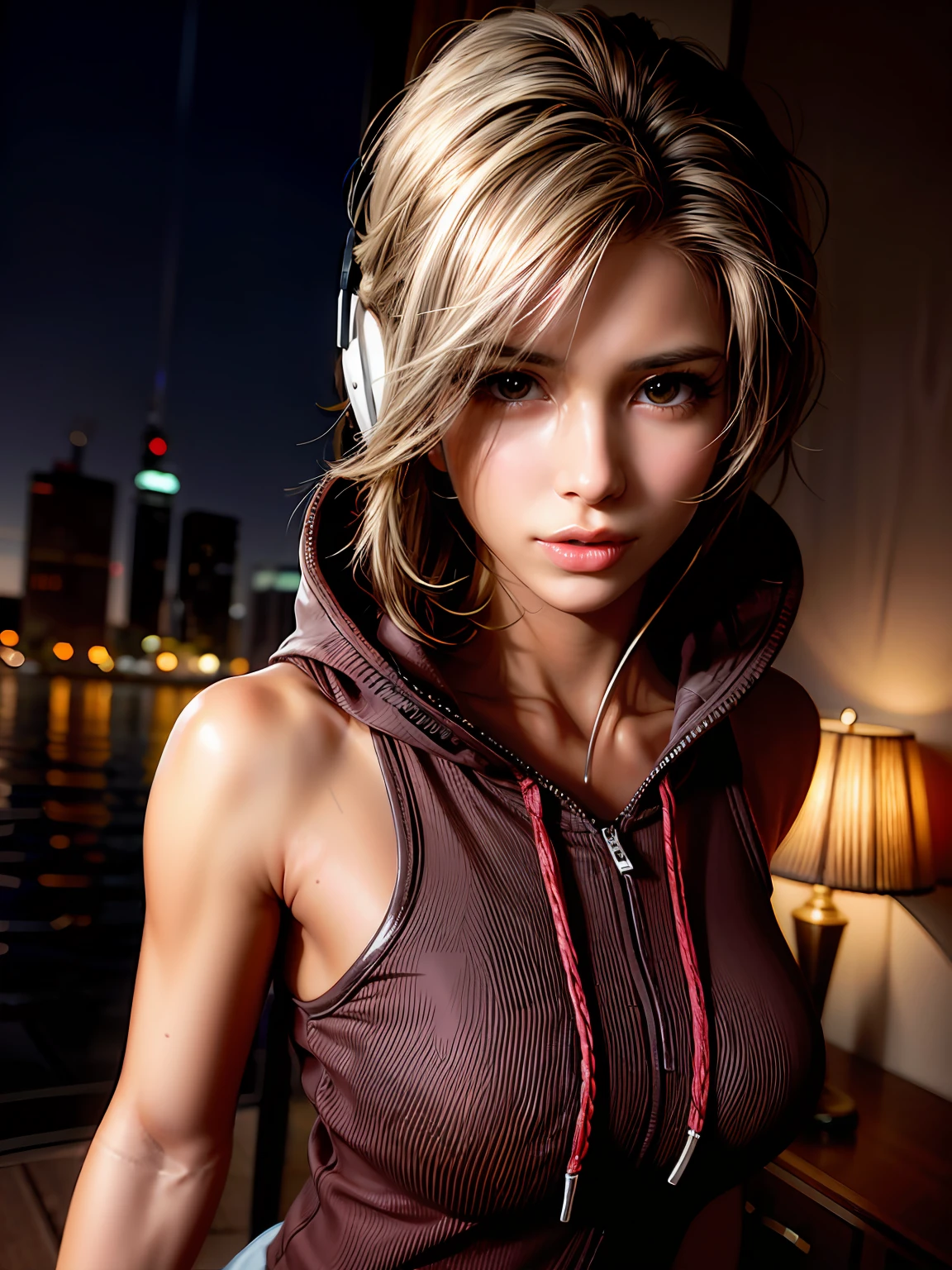 long straight dark brown haired gamer girl leaning into the camera, three-quarter headshot:1.2, lean body, fit body, photo from front above, dark red hoodie:1.2, straight hair, large leather gamer headphones:1.2, skintight black top:1.2, looking at viewer, realistic, 4k, cinematic lighting, perfect, soft lights, intricate details:1.2, high resolution skin:1.2, realistic skin texture, realistic face, perfect anatomy, lean girl, fit girl, sfw:1.2, jumper:1.2, hoodie:1.2, headphones:1.2, round breaszs:1.2