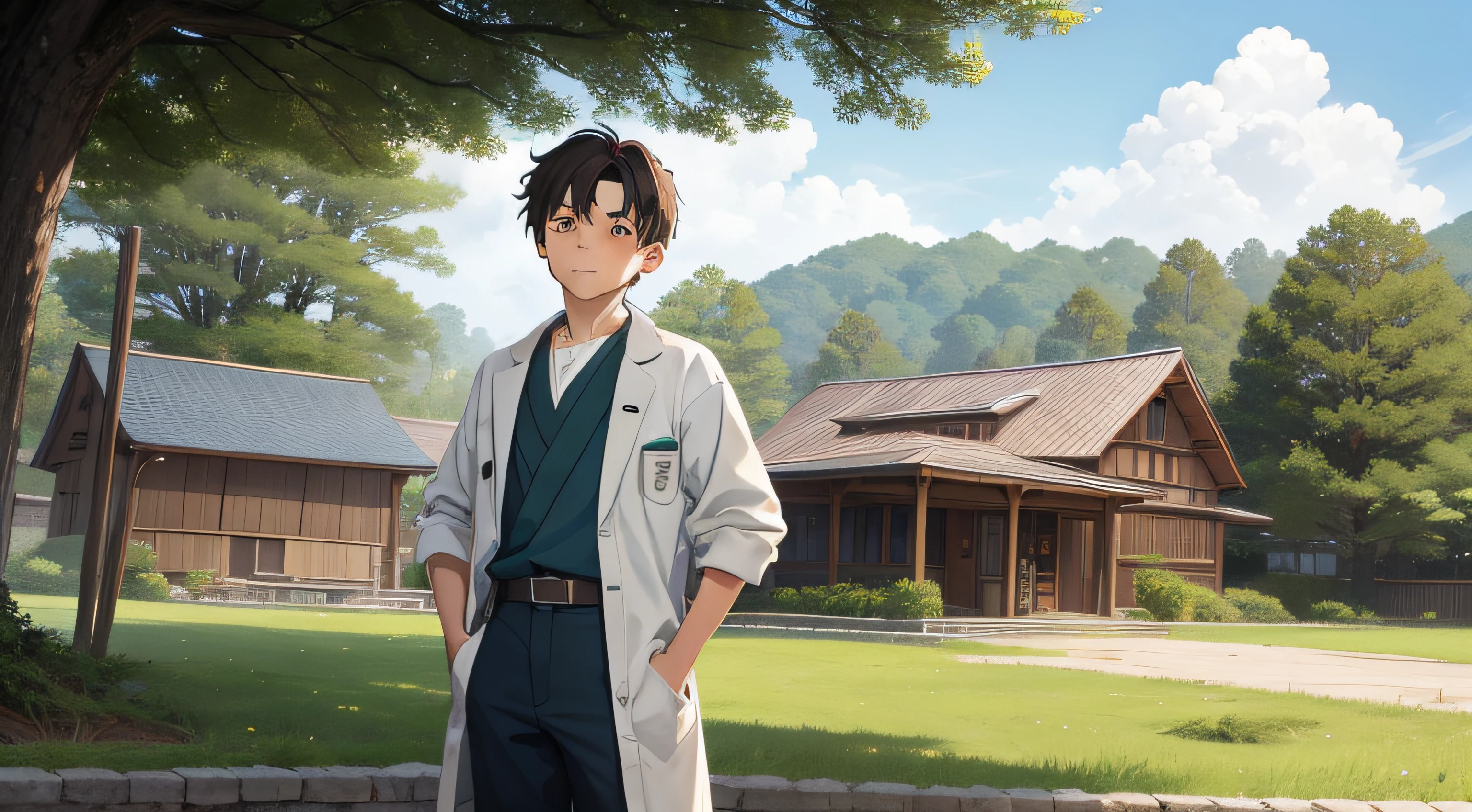 15-year-old boy named Zawa, son of a lumberjack, wearing a doctor's outfit. Ghibli Film Studio