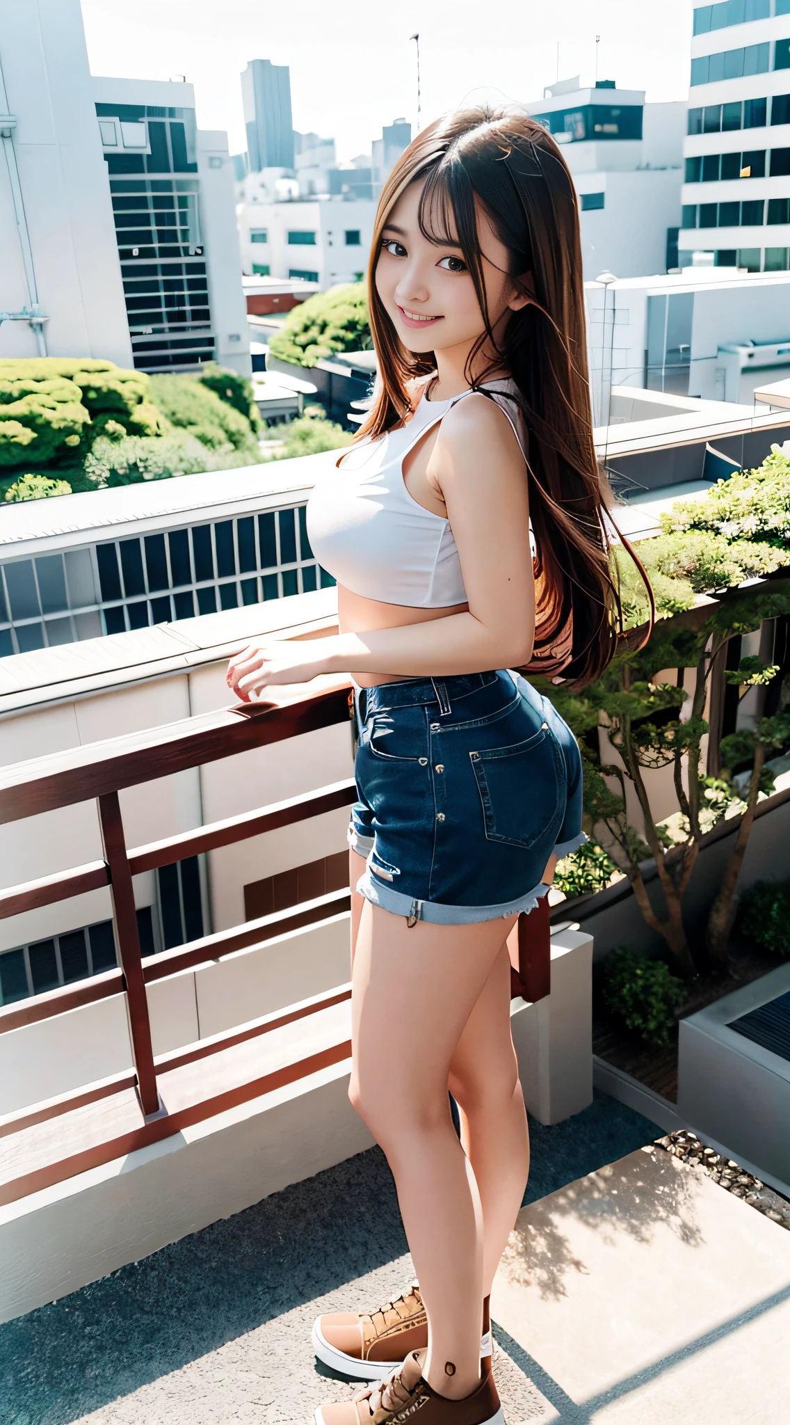 8k, top quality, masterpiece, realistic type, super detailed, girl 1 person, full body, 23 year old attractive Japan wearing shorts with T-, long hair, brown hair, building rooftop, day, cute, night background, smile, beautiful eyes, floating hair NovaFrogStyle, big breasts, topless,