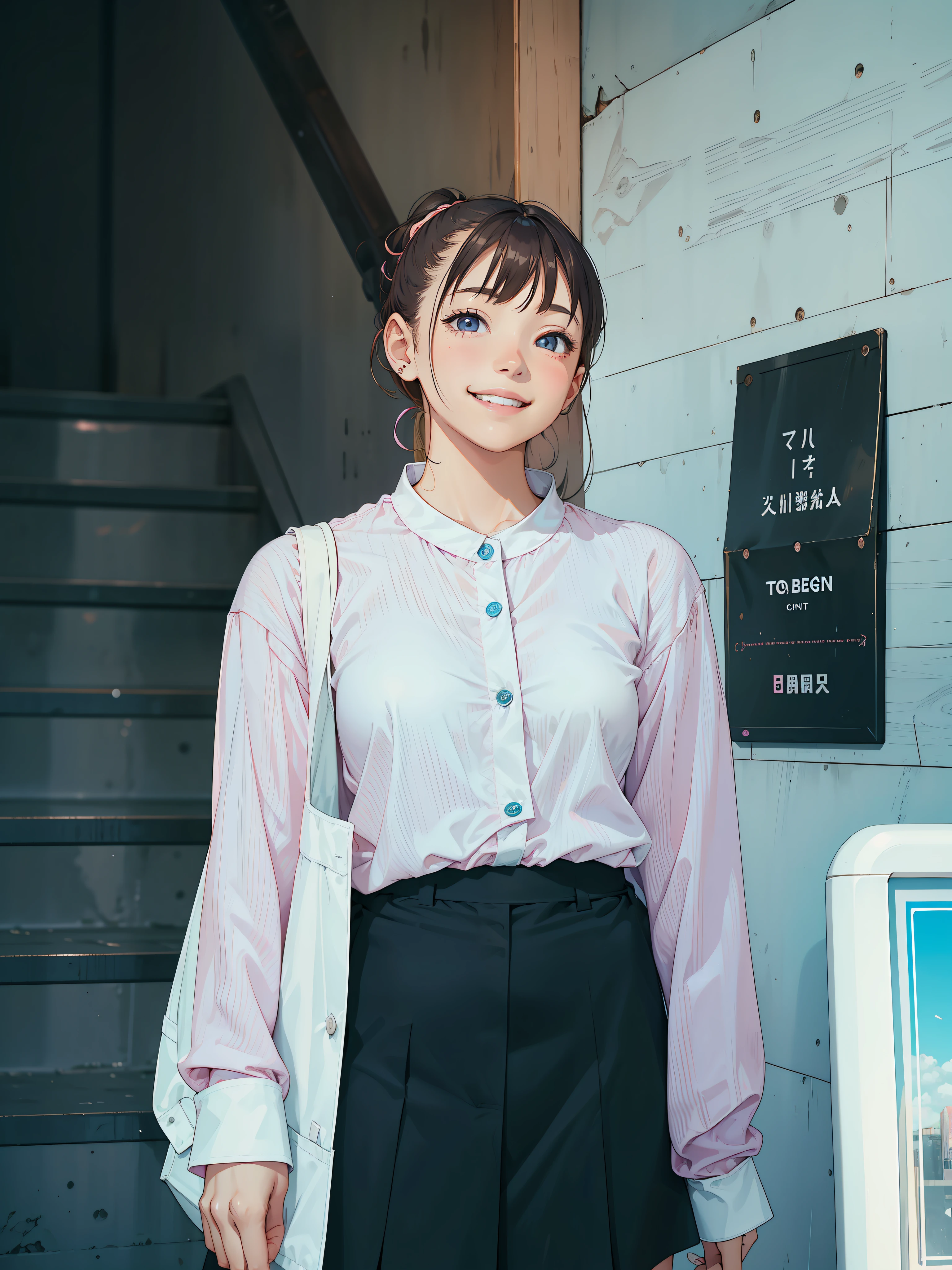 girl with, Smile, Light pink long sleeve cutter shirt