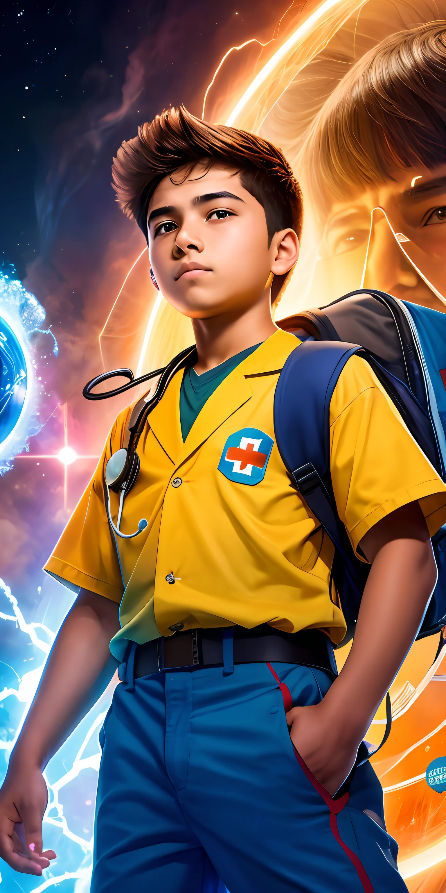 A 15-YEAR-OLD CHILD ,cientista,,COM UM JALECO DE MEDICO, ElementaL
