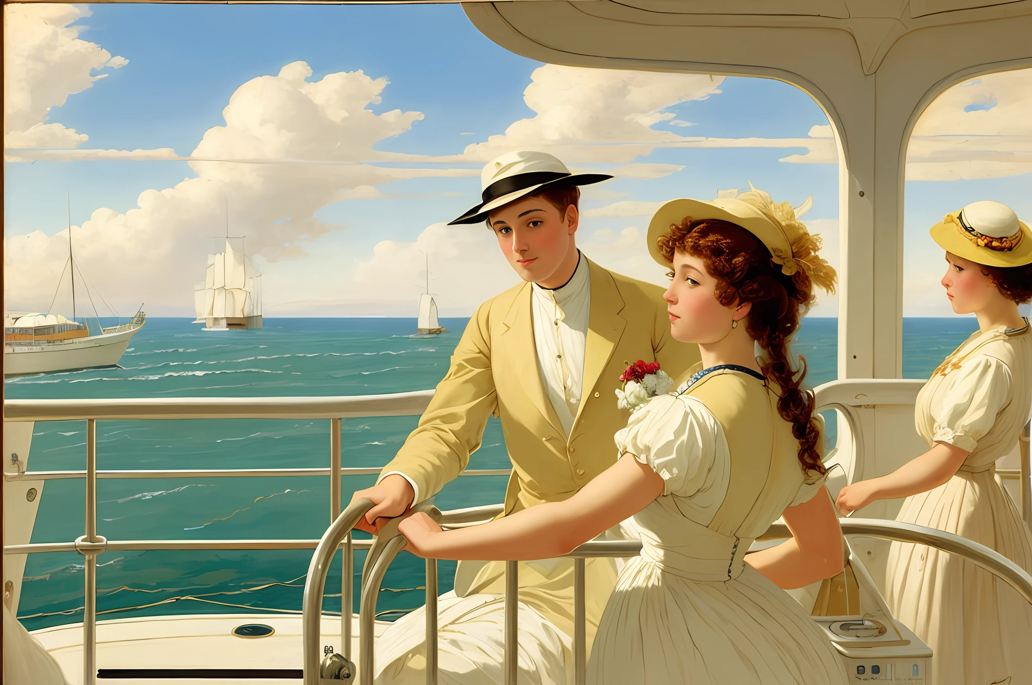painting of a couple on a boat with a view of the ocean, albert lynch, on the deck of a ship, on the deck of a sailing ship, on the sea, by Antonio Ciseri, peder severin kroyer, by Edmund Leighton, by Paul Gustav Fischer, on a yacht at sea, by Paul Gustave Fischer, frederick judd waugh