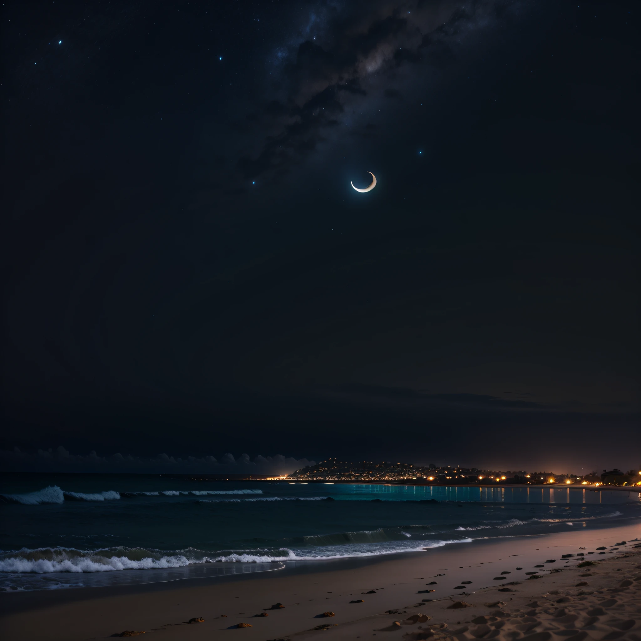 Brazilian beach at night, crescent moon