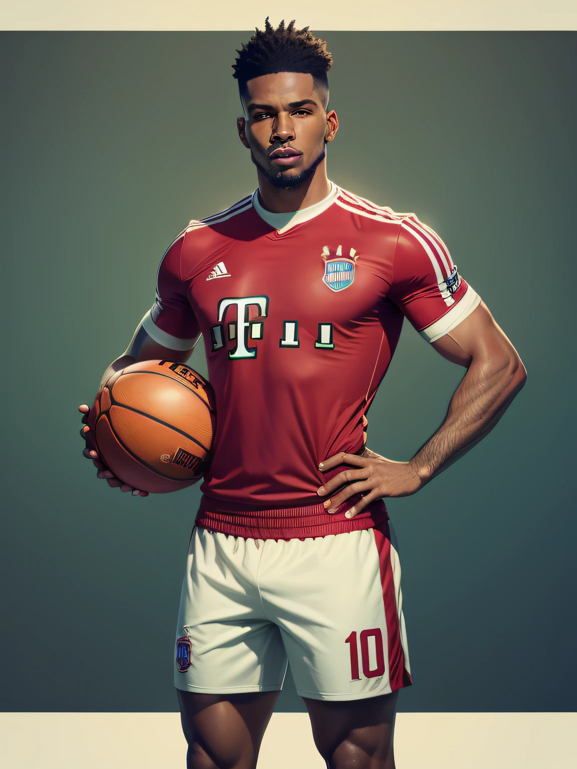 jogador de futebol, Wearing a football shirt inspired by retro shirt models like Liverpool and Bayern Munchen and at the same time inspired by current basketball shirts, como do miami heat e do boston celtics.