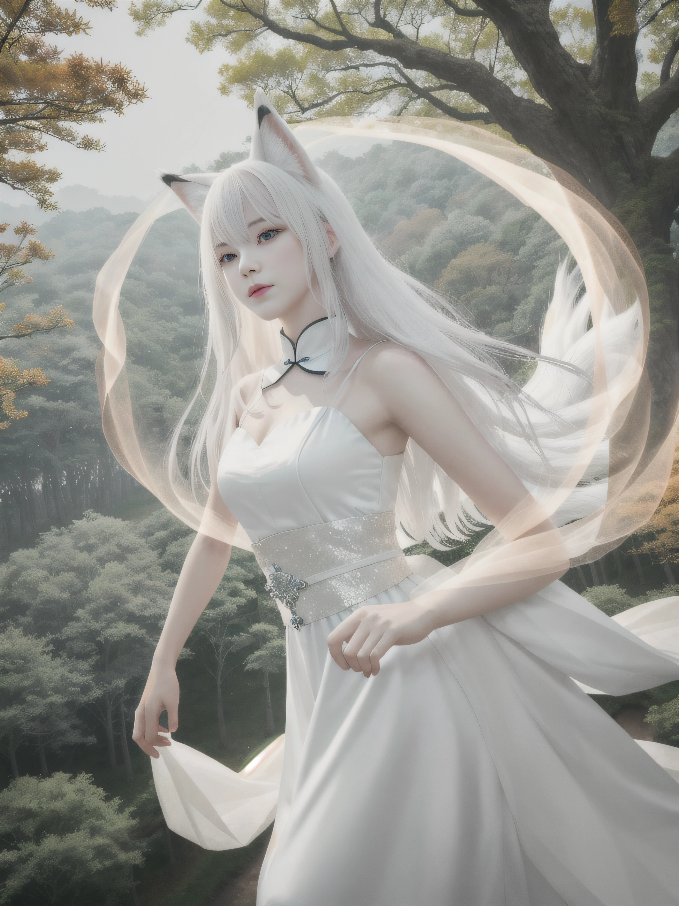 Solo，The white-haired fox-eared girl flew around a large tree in the air，20岁女孩，Slender body，Lie flat and fly，Fly like a ghost，Chinese white long dress，In the forest，Dark night，On an autumn evening, Fog is created in the forest，Smoke clouds of monsters，Barefoot，s the perfect face，Delicate face，s the perfect face，8K分辨率,Ultra-clear image quality，tmasterpiece，Detailed face, 135mm, Textured skin, Best quality，sneering，Delicate hands，There is a huge furry tail behind him，