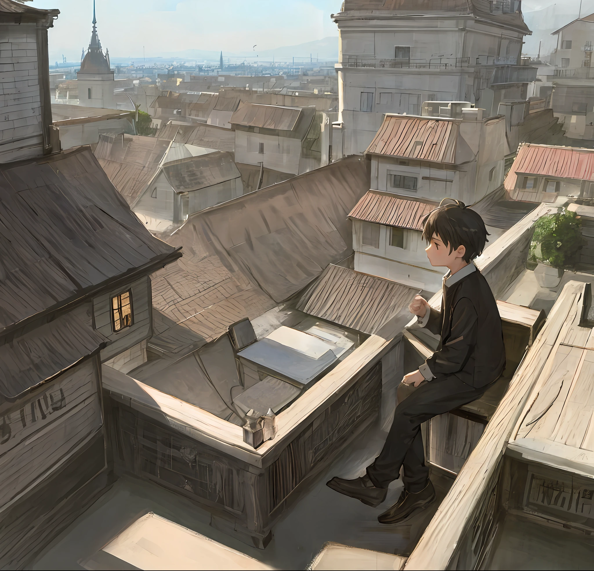 Handsome little boy(Cartoon feel)sitting on rooftop,looking at the distance(themoon)Grief and thinking about life(grieves)Depressed(There is a sense of picture)Good effect,The background is good-looking