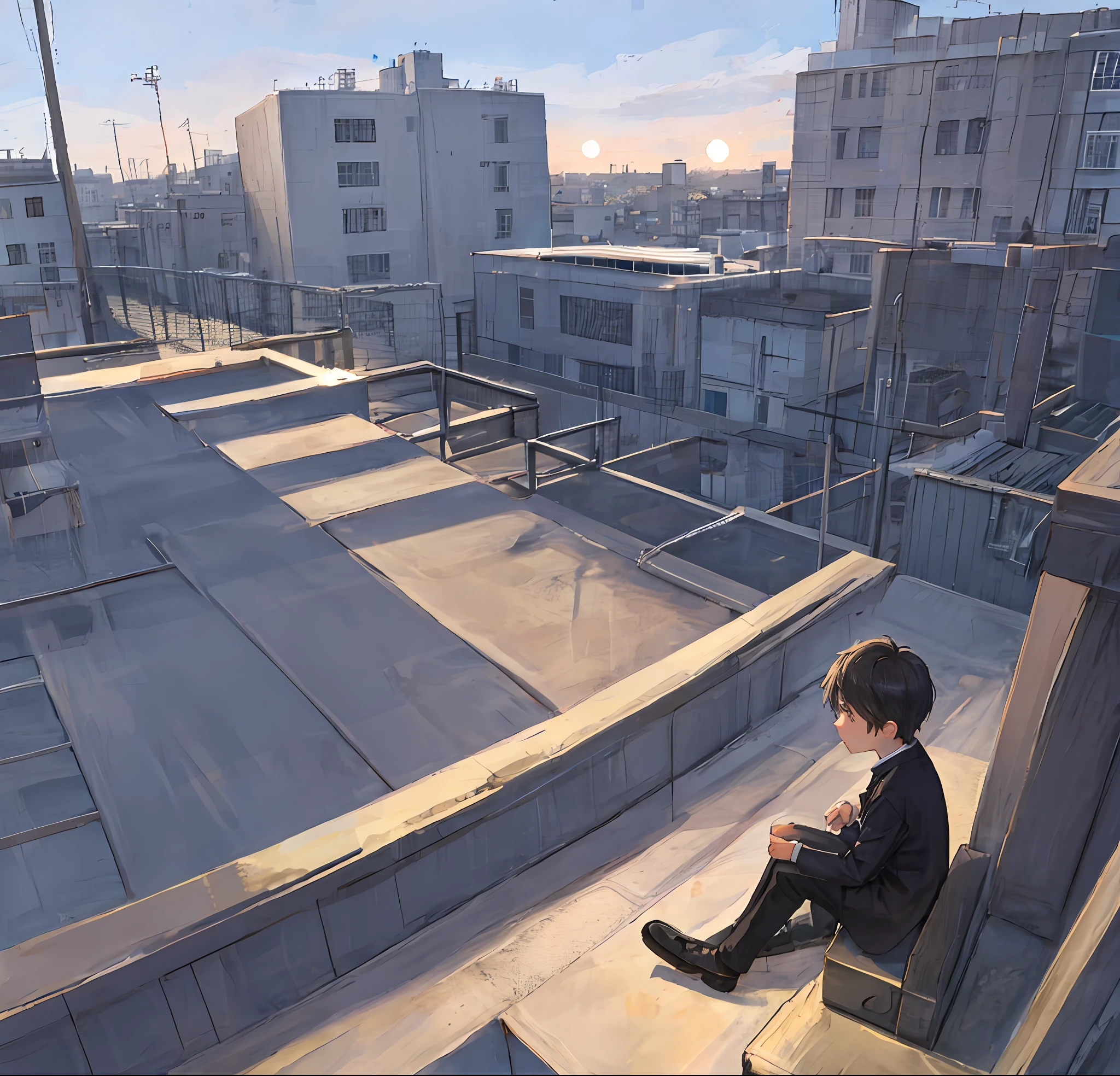 Handsome little boy（Cartoon feel）sitting on rooftop，looking at the distance（themoon）Grief and thinking about life（grieves）Depressed（There is a sense of picture）Good effect，The background is good-looking