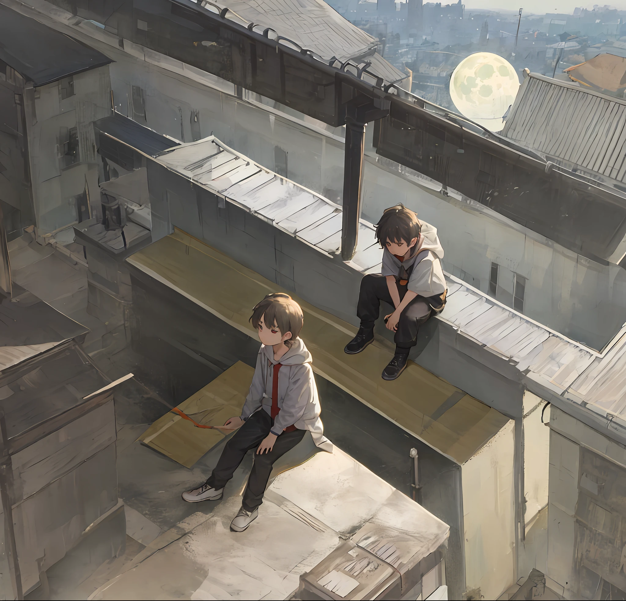Handsome boy(Cartoon feel)sitting on rooftop,looking at the distance(themoon)Grief and thinking about life(grieves)Depressed(There is a sense of picture)Good effect,The background is good-looking