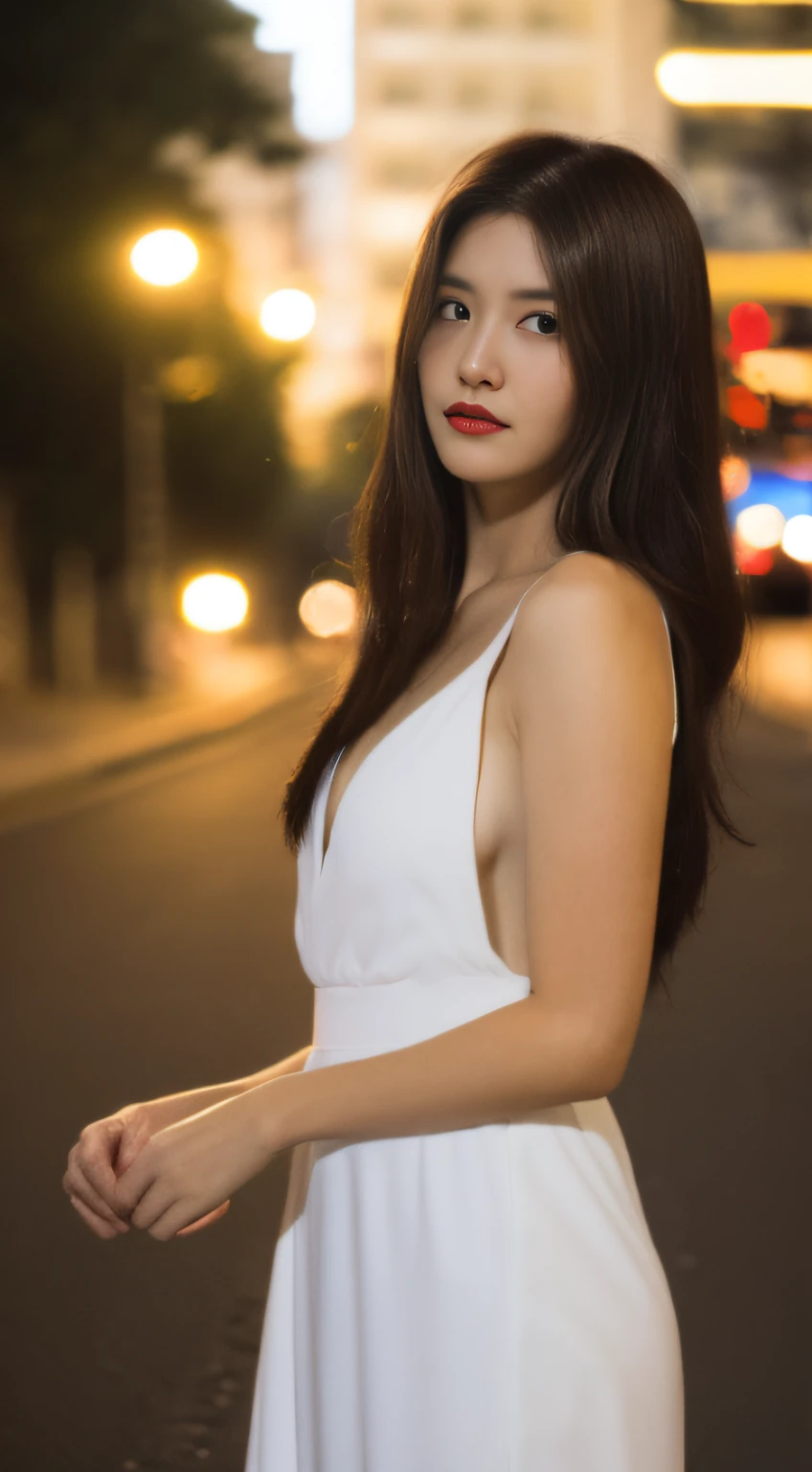((Realistic lighting, Best quality, 8K, Masterpiece: 1.3)), Focus: 1.2, 1girl, Perfect Figure: 1.4, Slim Abs: 1.1, ((Dark brown hair)), (White dress: 1.4), (Outdoor, Night: 1.1), City streets, Super fine face, Fine eyes, Double eyelids,