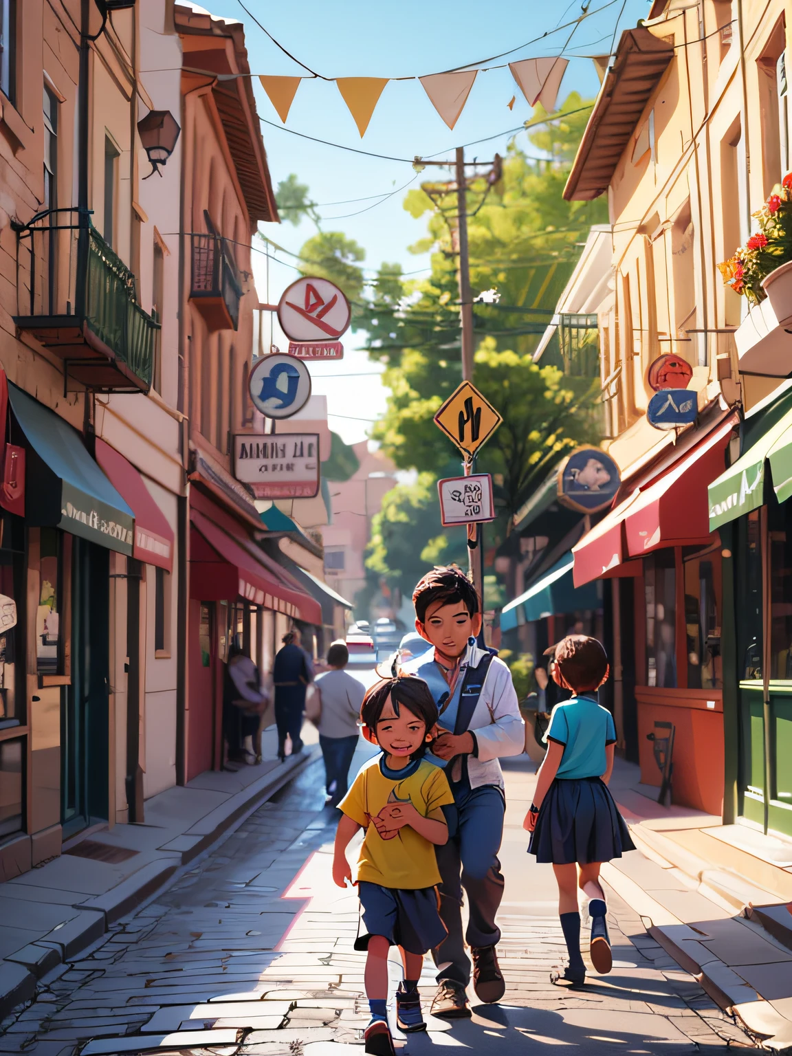 Menino de 6 anos, cabelos castanhos, bonito, usa uniforme da escola, hugs a pole with the Nonivar Street sign, other children and adults walk down the same street