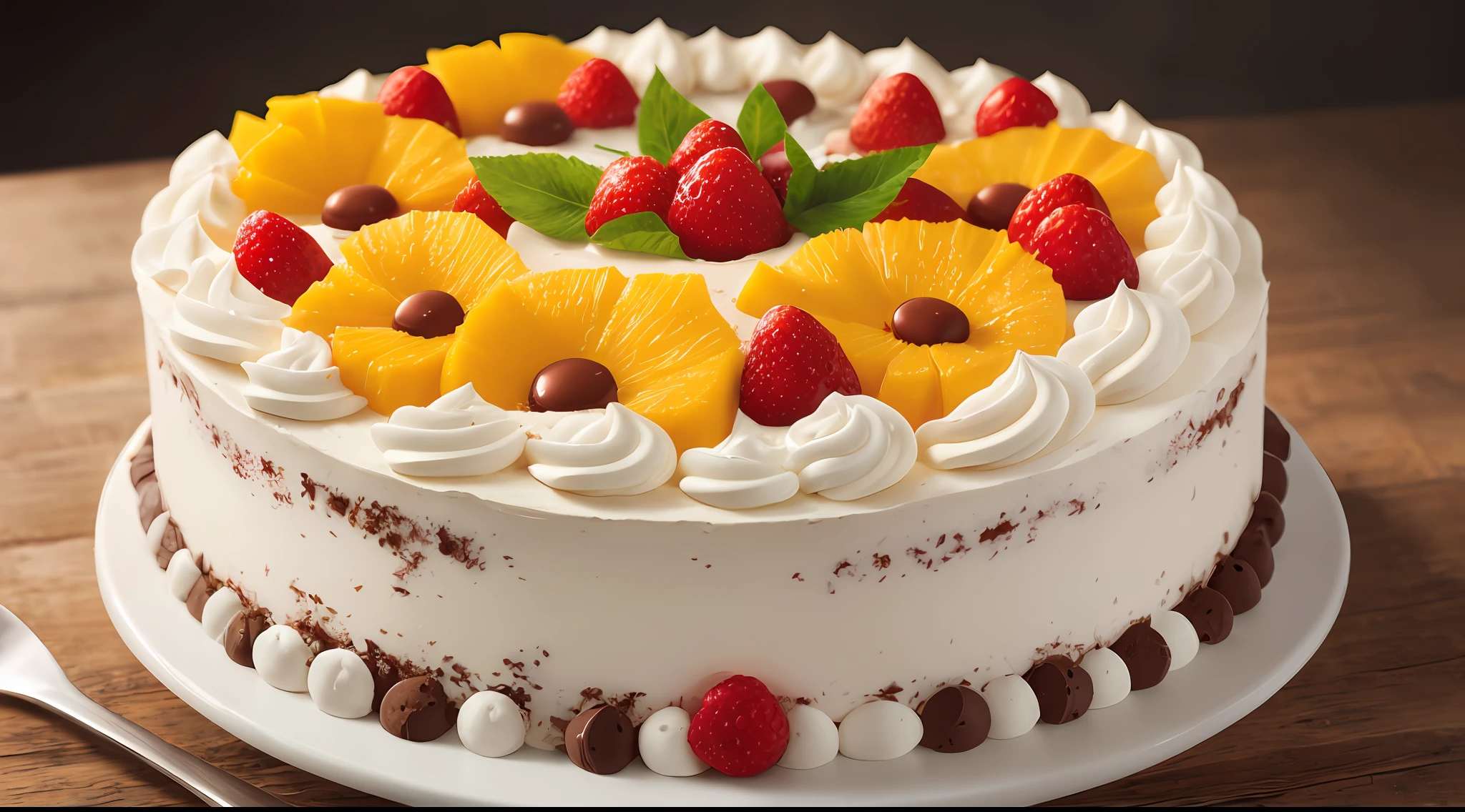 (Super realistic), (A high resolution), (8K), (The is very detailed), (Most Best Illustration),CG image quality,8K, Perfect, Complete, Korean birthday cake, bespoke, Cream cake,only one,Luxurious background,telephoto lenses,Fresh fruit,Cream tube,luxury goods,higher details,morango,Mango granules,Colorful chocolate flowers,The art of cream