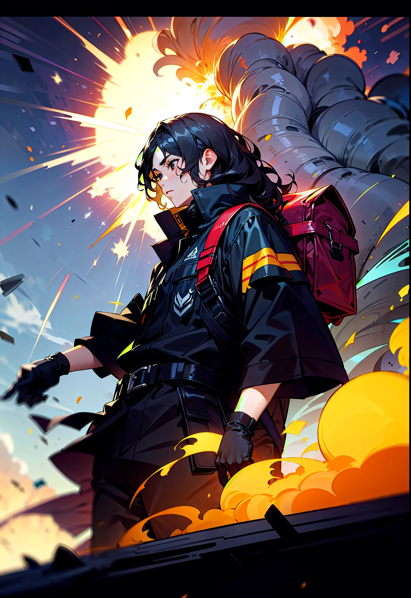 Young man, , black eyes, mid length hair, wavy hair, black hair, black techwear, protective clothing, cool, explosions in background, war, shots, backpack, black gloves