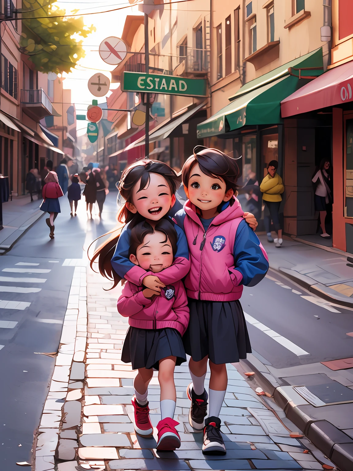 Menino de 6 anos, cabelos castanhos, bonito, usa uniforme da escola, hugs a pole with the Nonivar Street sign, other children and adults walk down the same street