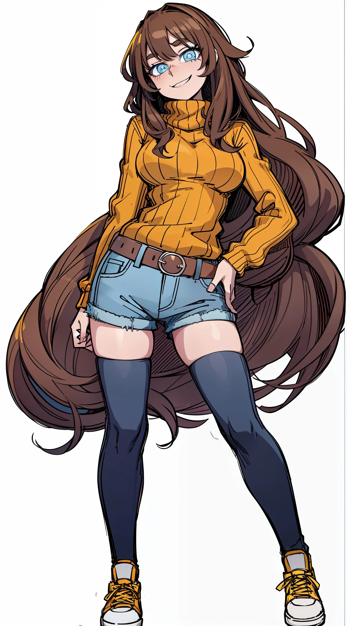 multicolored, long brown hair, blue aqua pupils, 1girl, cute, smug, smile, orange sweater, big breasts, thigh high, yellow shoe, blue denim short, belt