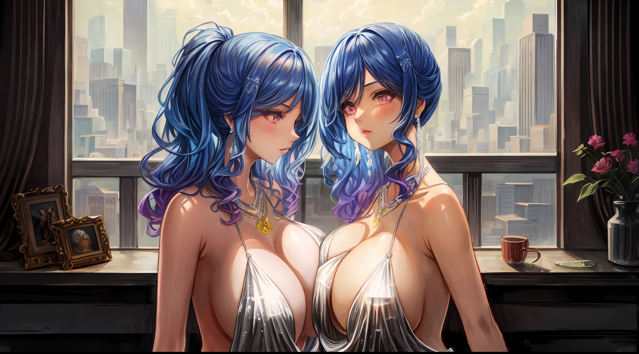 Anime girl with blue hair and blue eyes posing in front of window, Extremely detailed Artgerm, seductive anime girls, Art germ on ArtStation Pixiv, 8K high quality detailed art, ! Dream art germ, Style Artgerm, Art germ. anime illustration, Artistic germ style, beautiful and seductive anime woman, like artgerm，Huge breasts，Blush，2girls，