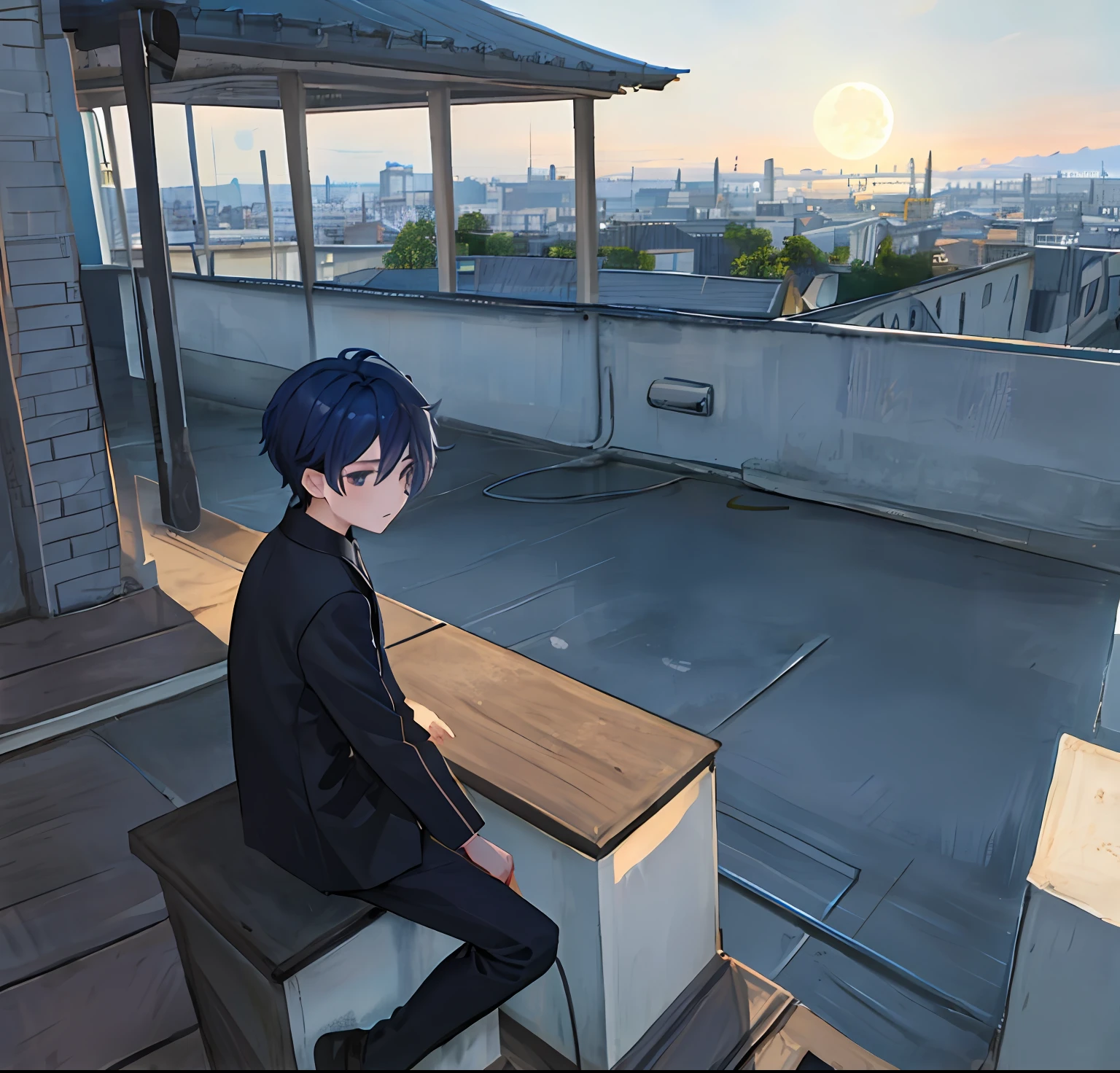 Handsome little boy（Cartoon feel）sitting on rooftop，looking at the distance（themoon）Grief and thinking about life（grieves）Depressed（There is a sense of picture）Good effect，Nice background and beautiful scenery，The picture has color