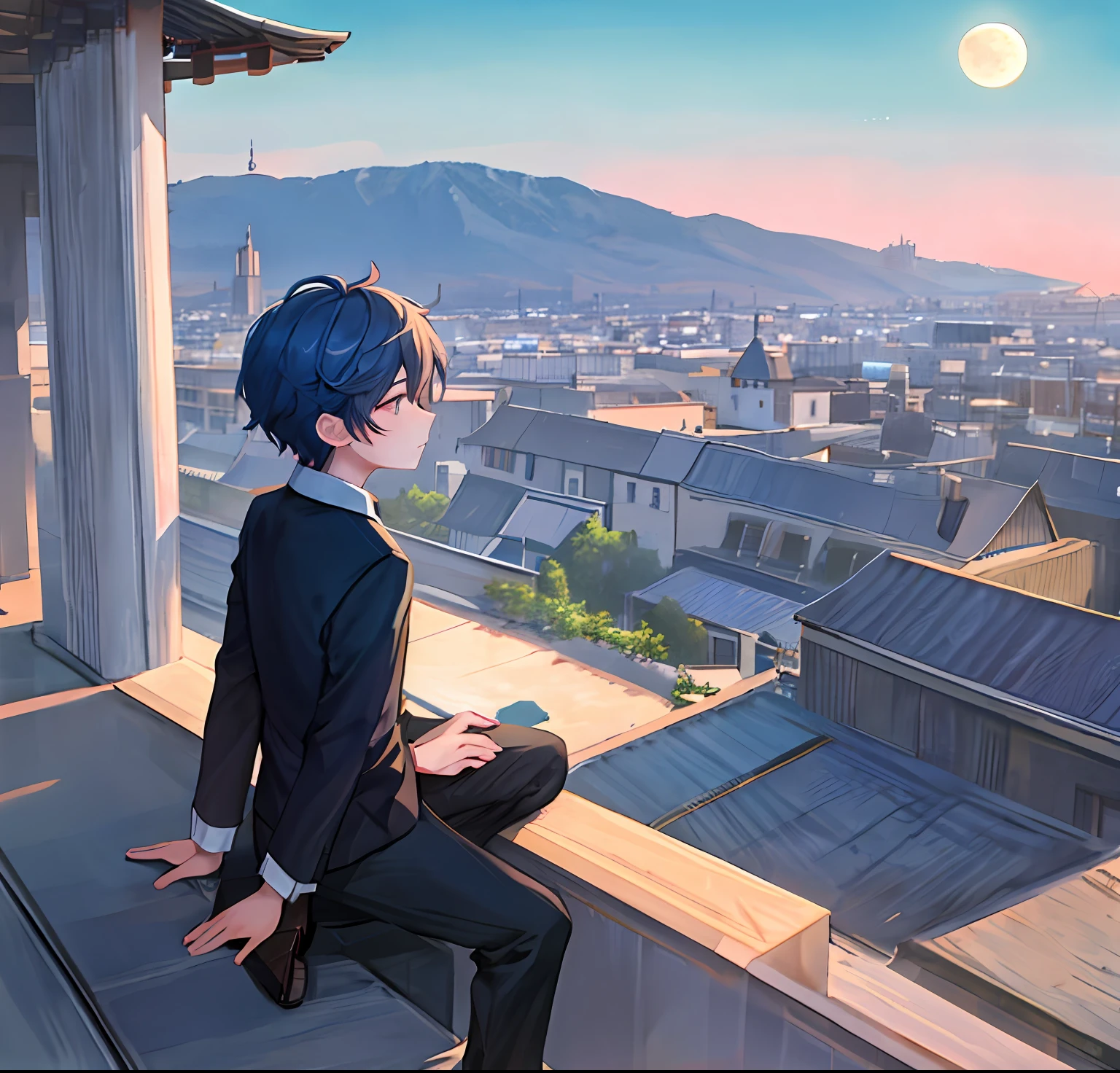 Handsome (Cartoon feel)sitting on rooftop,looking at the distance(themoon)Grief and thinking about life(grieves)Depressed(There is a sense of picture)Good effect,Nice background and beautiful scenery,The picture has color