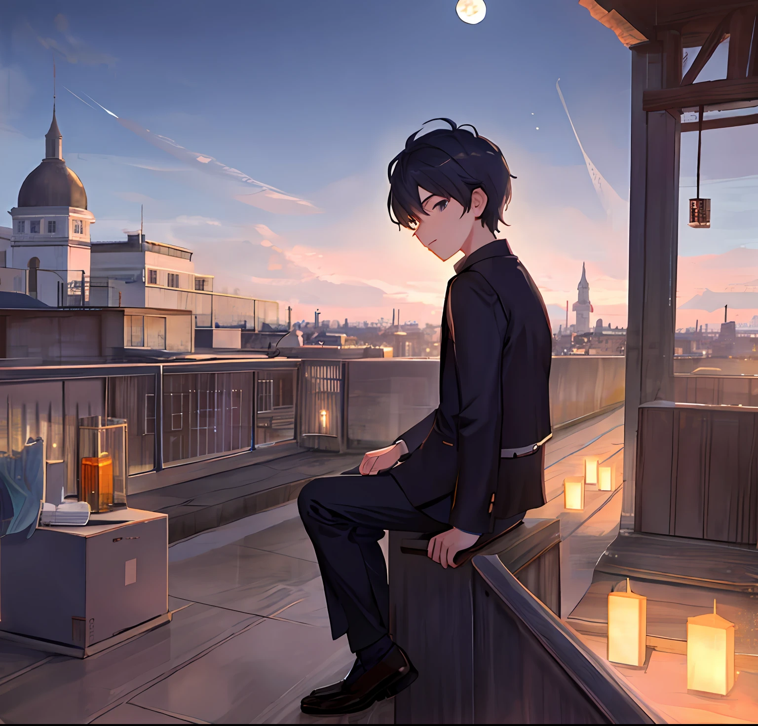 Handsome (Cartoon feel)sitting on rooftop,looking at the distance(themoon)Grief and thinking about life(grieves)Depressed(There is a sense of picture)Good effect,Nice background and beautiful scenery,The picture has color