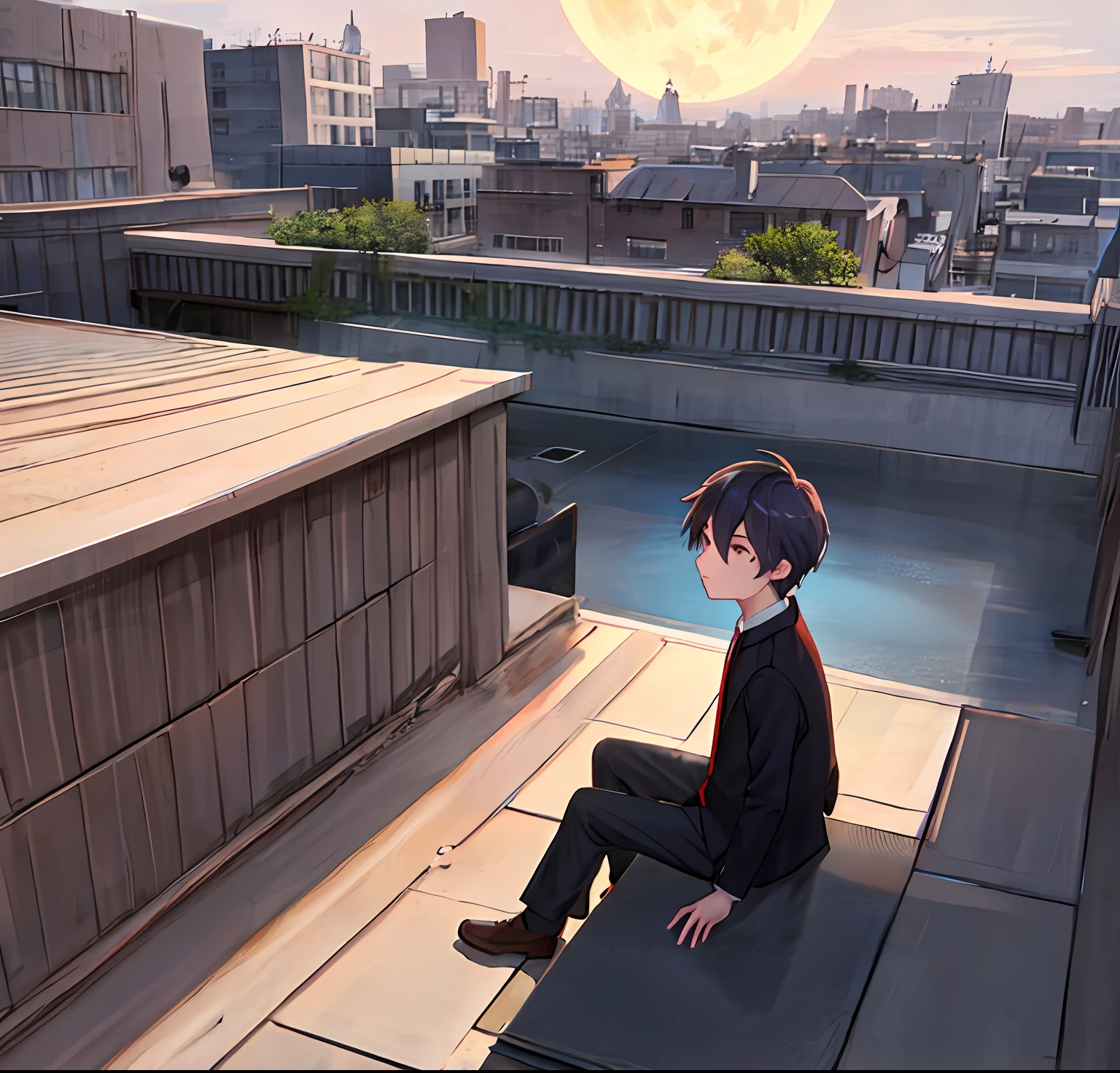 Handsome (Cartoon feel)sitting on rooftop,looking at the distance(themoon)Grief and thinking about life(grieves)Depressed(There is a sense of picture)Good effect,Nice background and beautiful scenery,The picture has color