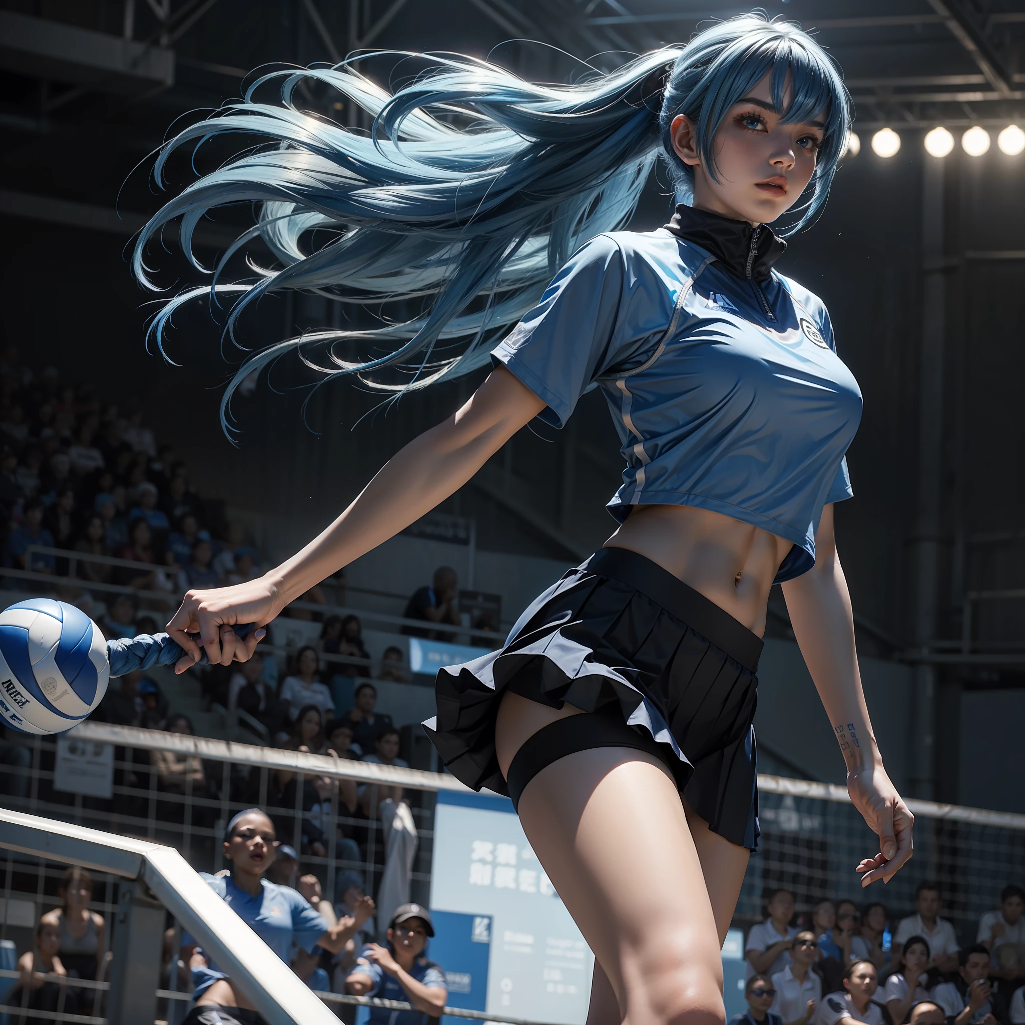 (ultra realistic, masterpiece) a woman ((blue hair)) wearing sport clothes and black skirt playing volley (blue lightining)