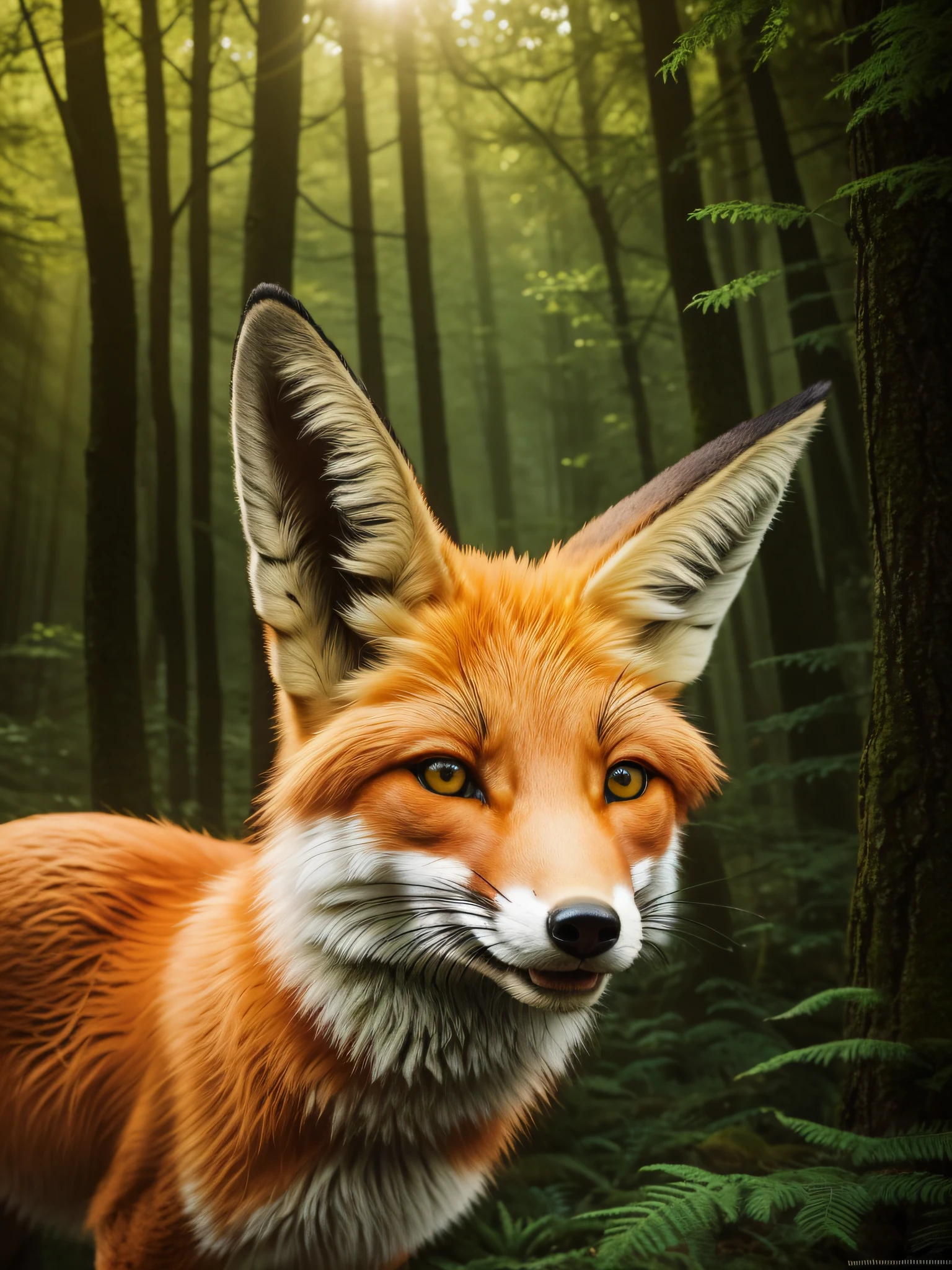"Fiona the Fox", realistic portrayal, detailed fur texture, vibrant orange coat, expressive green eyes, dynamic pose, immersive forest background, soft sunlight filtering through trees, sense of movement, captivating and lifelike depiction.