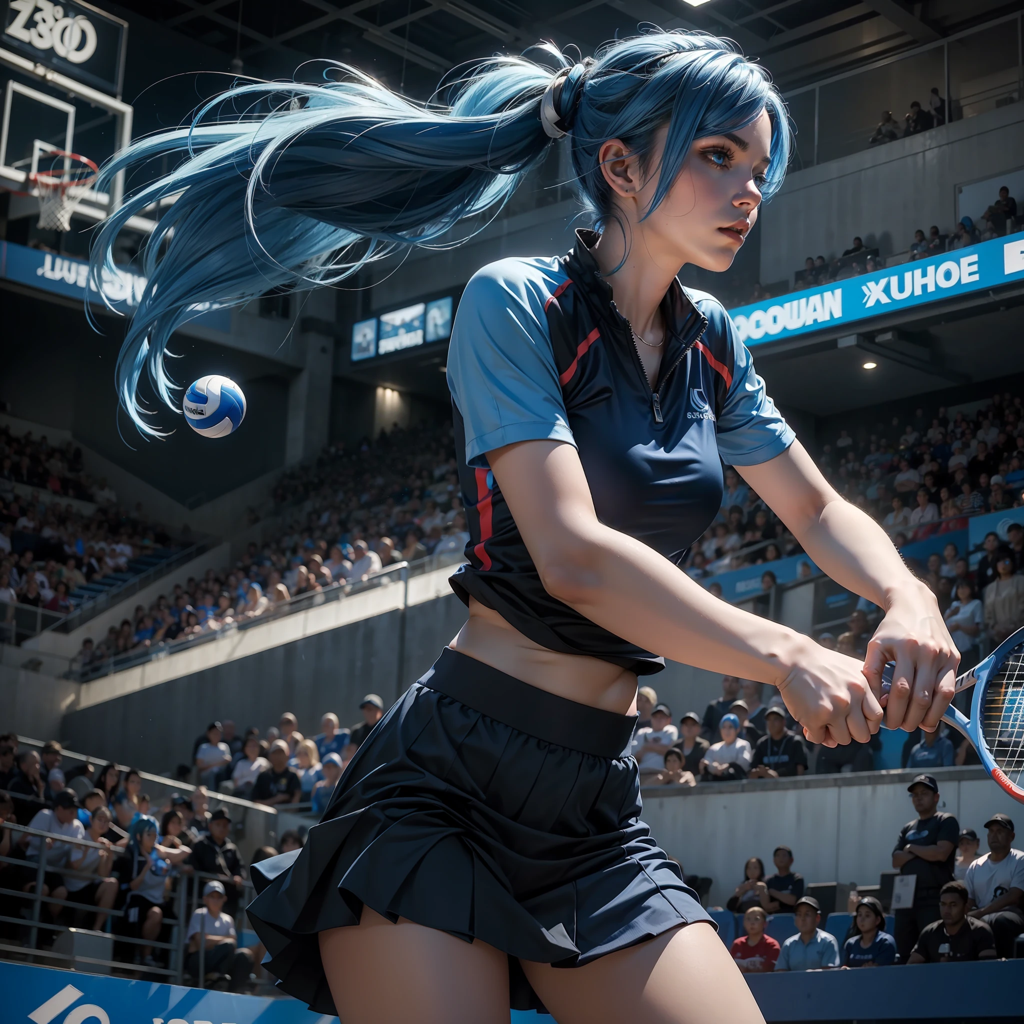 (ultra realistic, masterpiece) a woman ((blue hair)) wearing sport clothes and black skirt playing volley (blue lightining)