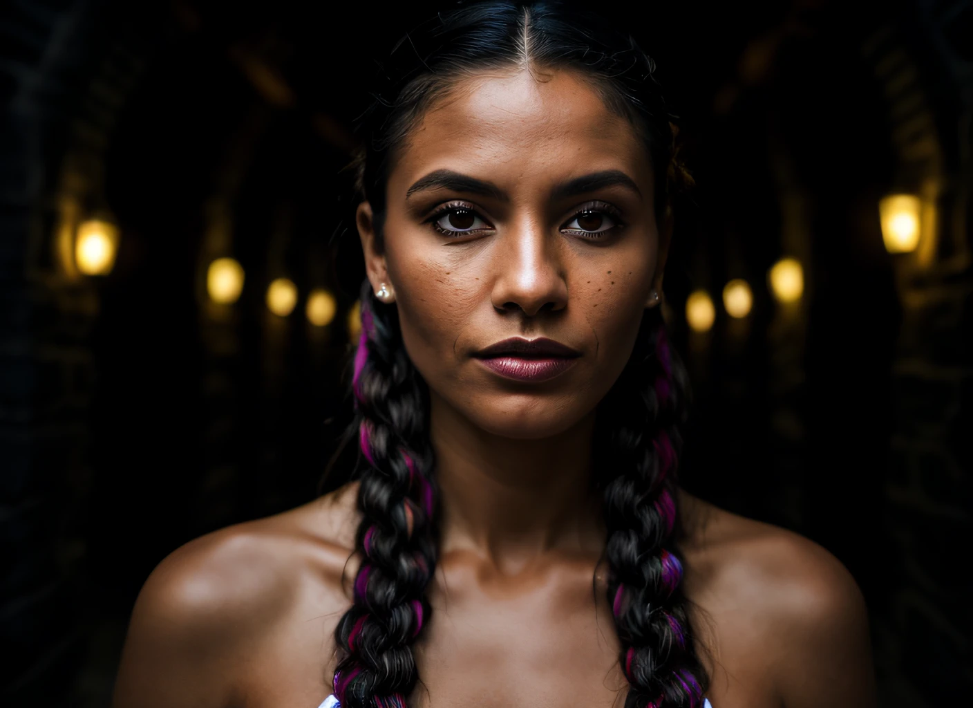 portrait of skswoman, hopeful , wearing beachwear , with black Side braid , background dungeon epic (photo, studio lighting, hard light, sony a7, 50 mm, matte skin, pores, colors, hyperdetailed, hyperrealistic)