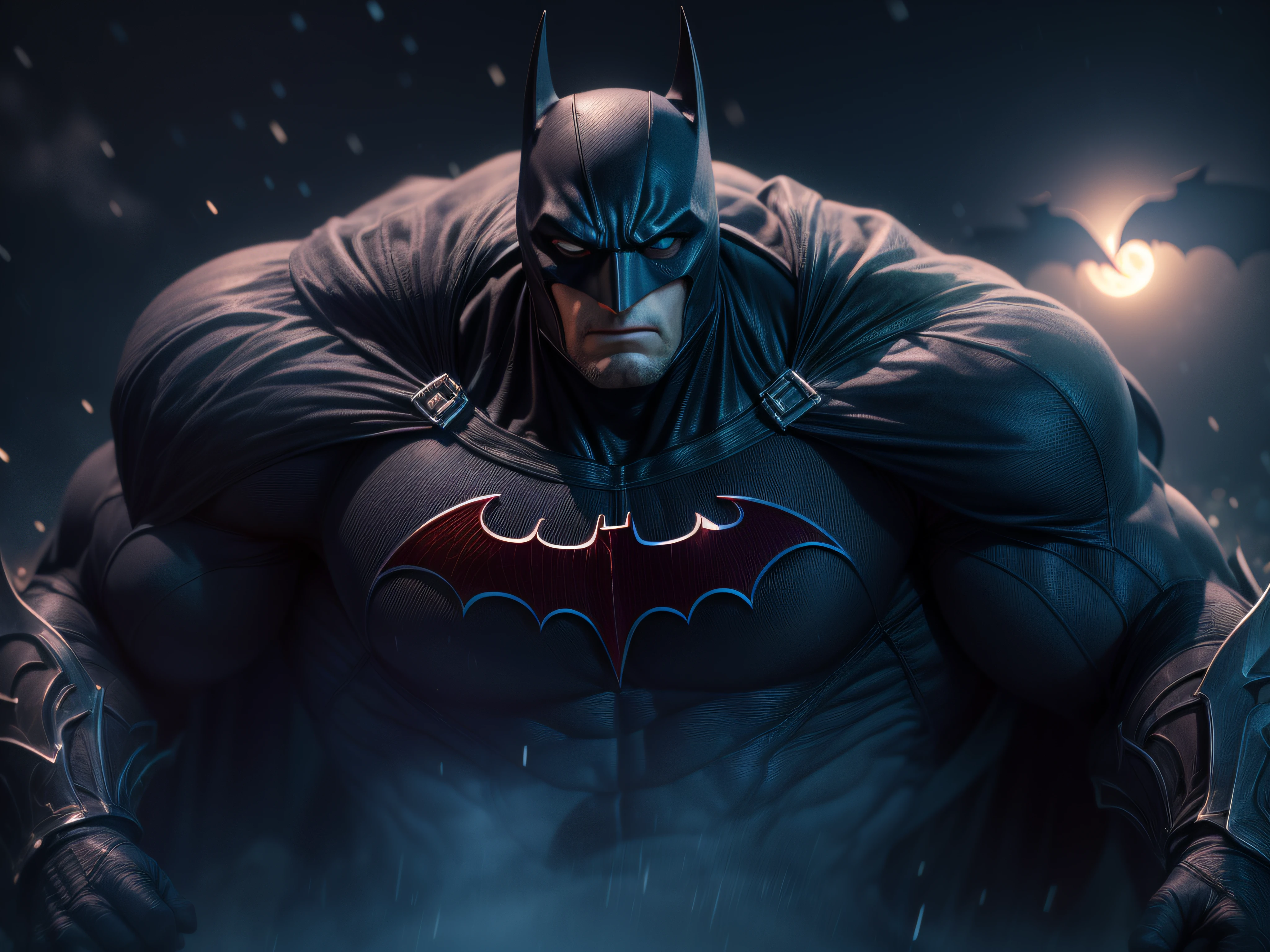 Close a powerful threat, The imposing appearance of the Batrman, menacing stare, ricamente detalhado, Hiper realista, 3D-rendering, obra-prima, NVIDIA, RTX, ray-traced, Bokeh, Night sky with a huge and beautiful full moon, estrelas brilhando,