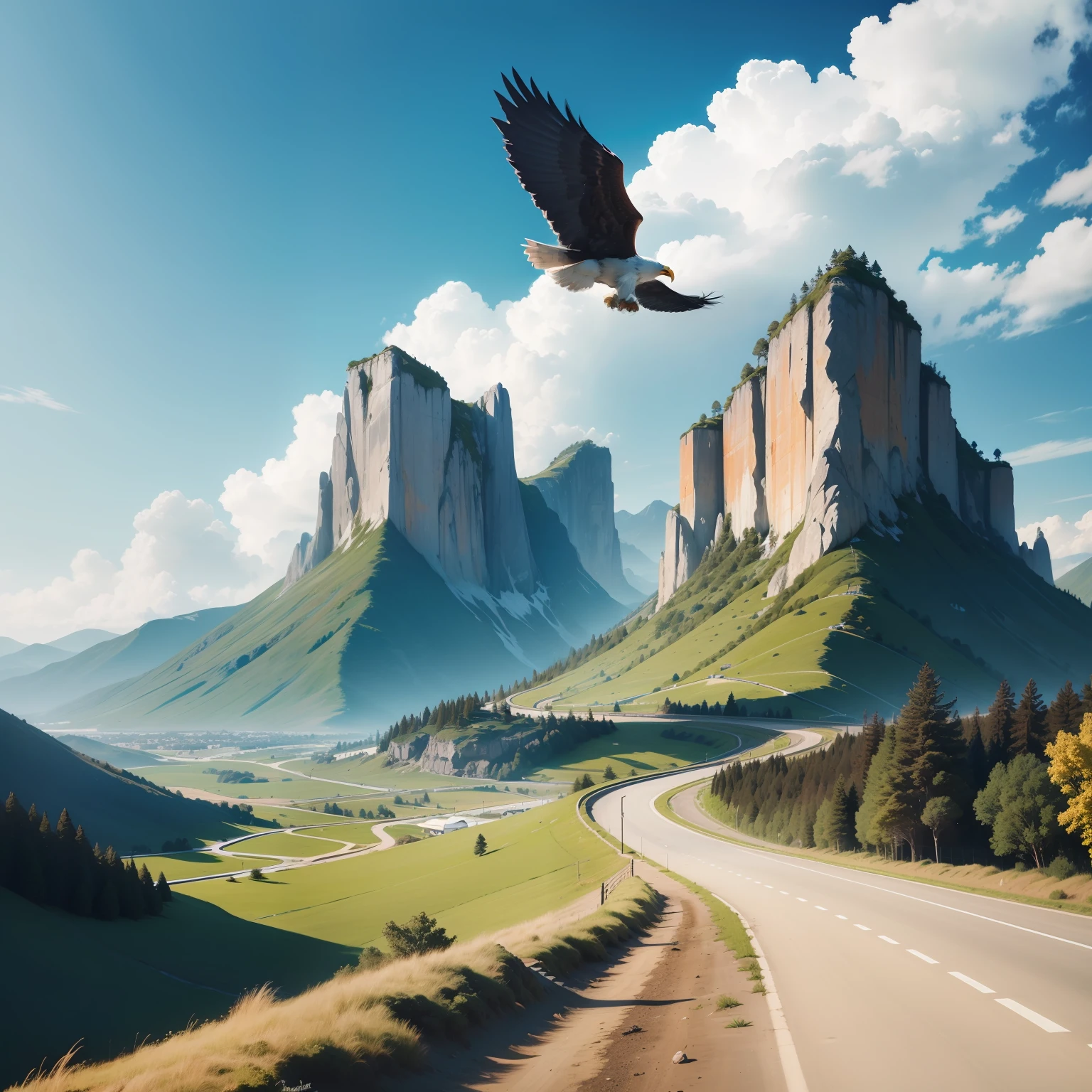 /imagine Journey Scenario: Use uma paisagem de montanhas, symbolizing the challenging journey that is life. Mountains can represent the obstacles we face and the peaks we seek to reach. Estrada da Autodescoberta: Adicione uma estrada ou trilha que se estende pela paisagem, representando a jornada de autodescoberta e crescimento pessoal. Essa estrada deve conduzir o olhar do espectador para o horizonte, simbolizando as possibilidades ilimitadas que se apresentam. Elementos de Superacão: Integrate elements that symbolize overcoming, like an eagle flying high in the sky or a bright sunrise. These elements represent the inner strength we can achieve as we face challenges and pursue personal growth. Paleta de Cores: Use cores que transmitam calma, hope and determination, como tons de azul, verde e amarelo. A paleta de cores deve refletir a mensagem positiva e inspiradora do canal.