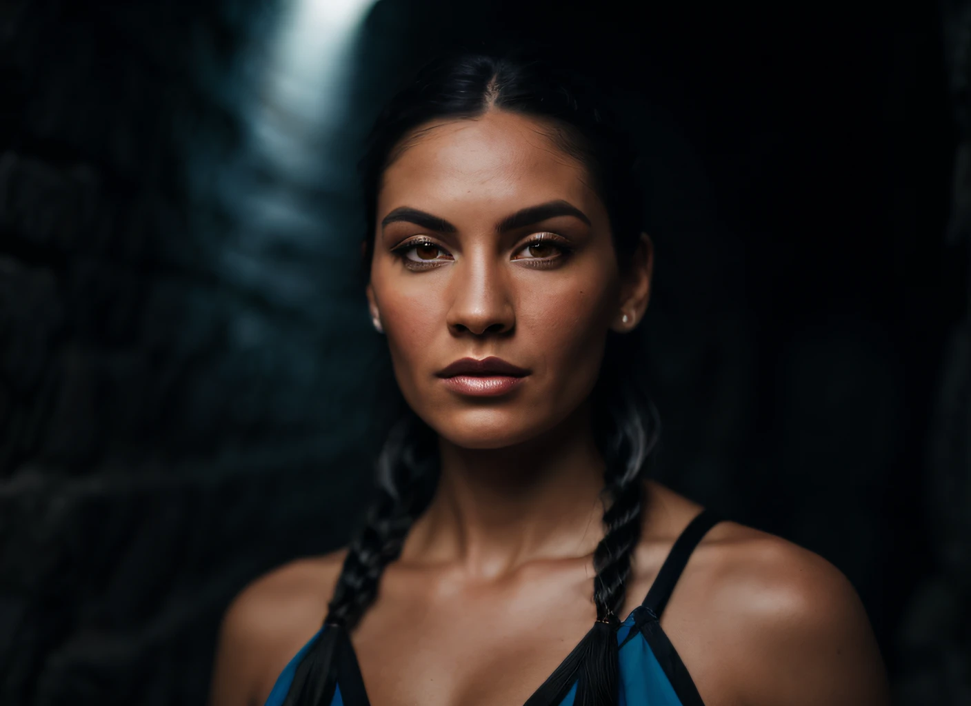 portrait of skswoman, hopeful , wearing beachwear , with black Side braid , background dungeon epic (photo, studio lighting, hard light, sony a7, 50 mm, matte skin, pores, colors, hyperdetailed, hyperrealistic)