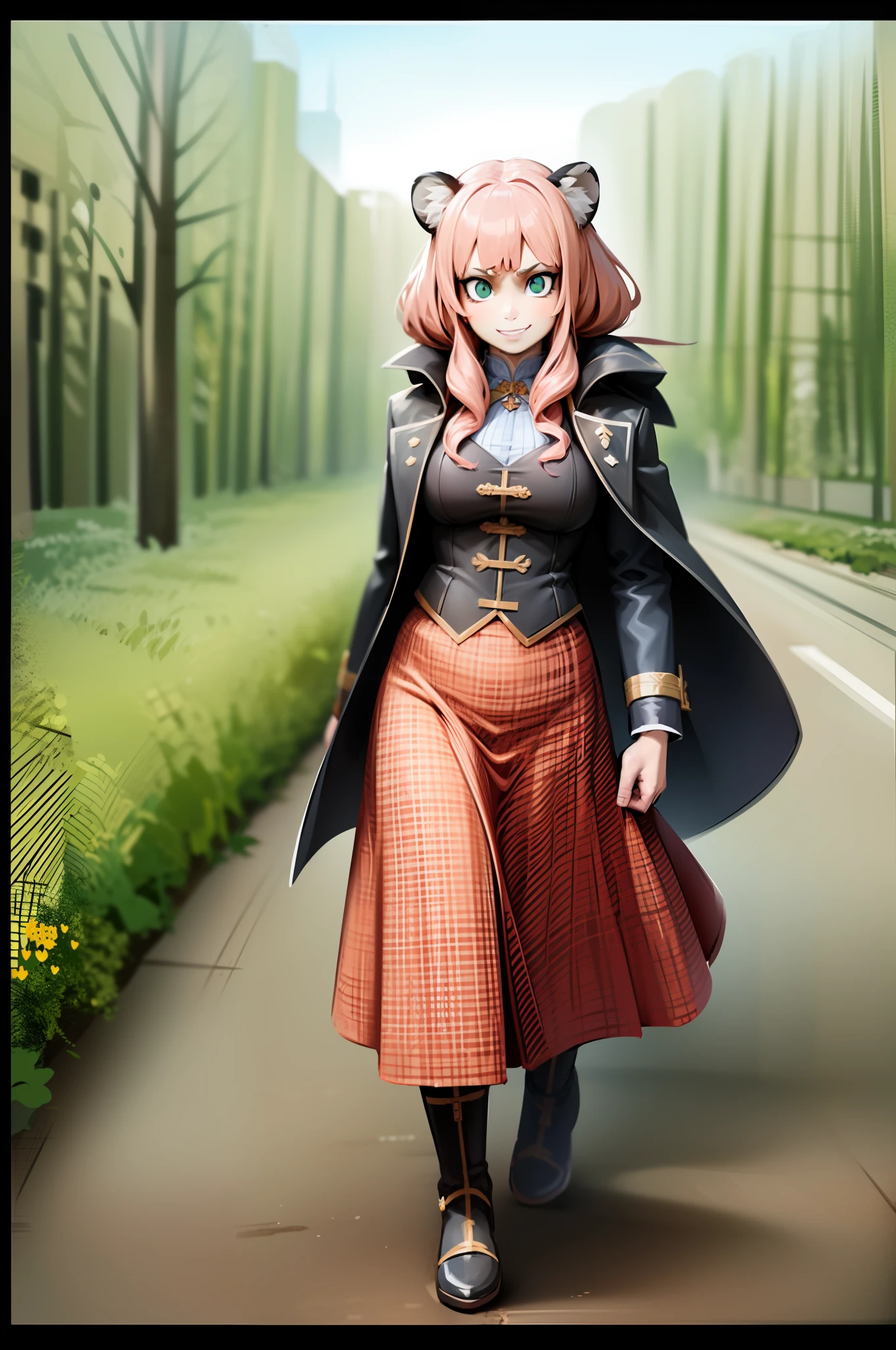 , tiger ears, tiger tails, martial art, medium chest, pink hair, skirt, jacket, godess,1girl,coat,walking, solo focus.1character, holy catholic mountain,alone, full body, long skirt, smug smile, long skirt, victorian cloths, forest, portrait